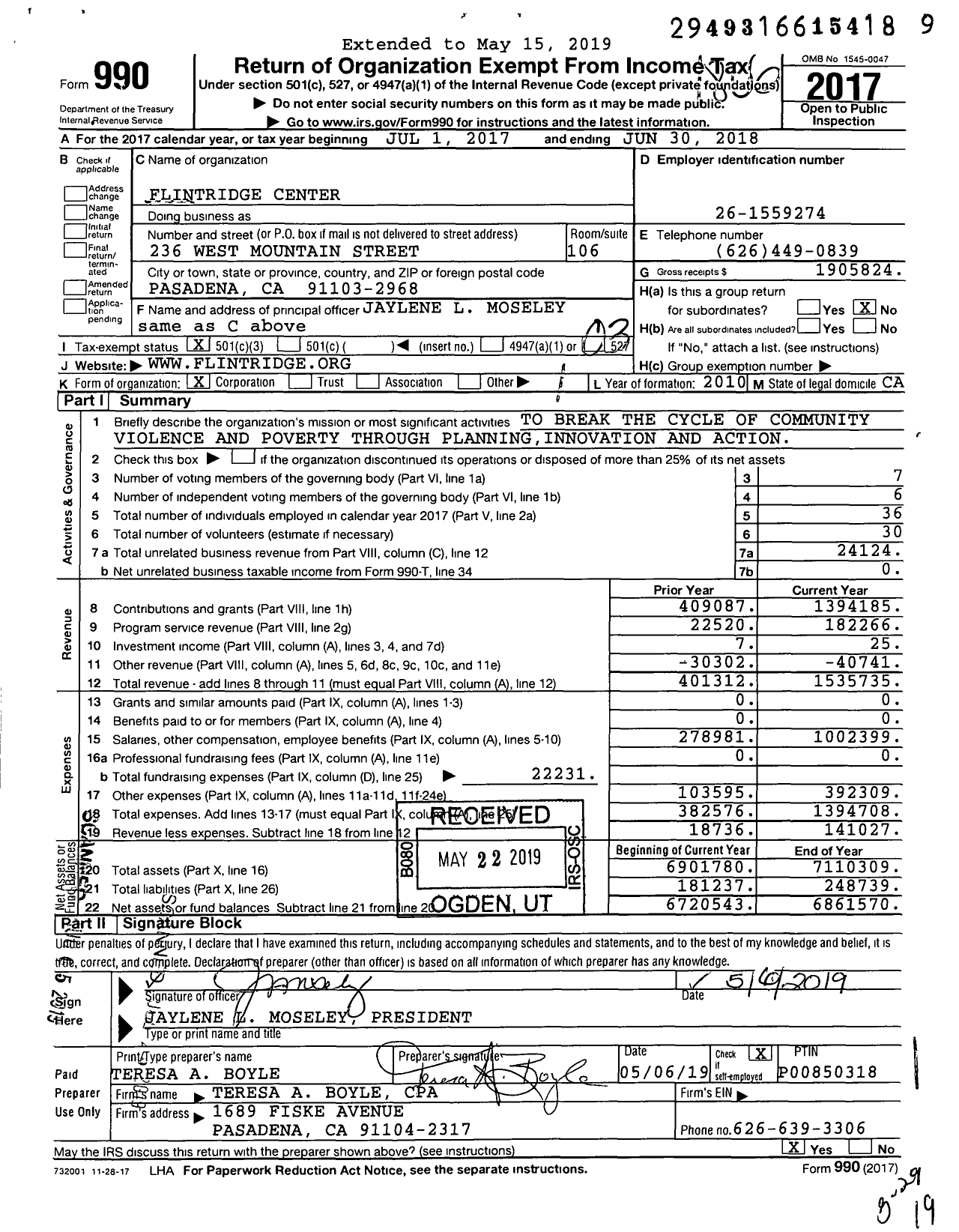 Image of first page of 2017 Form 990 for Flintridge Center