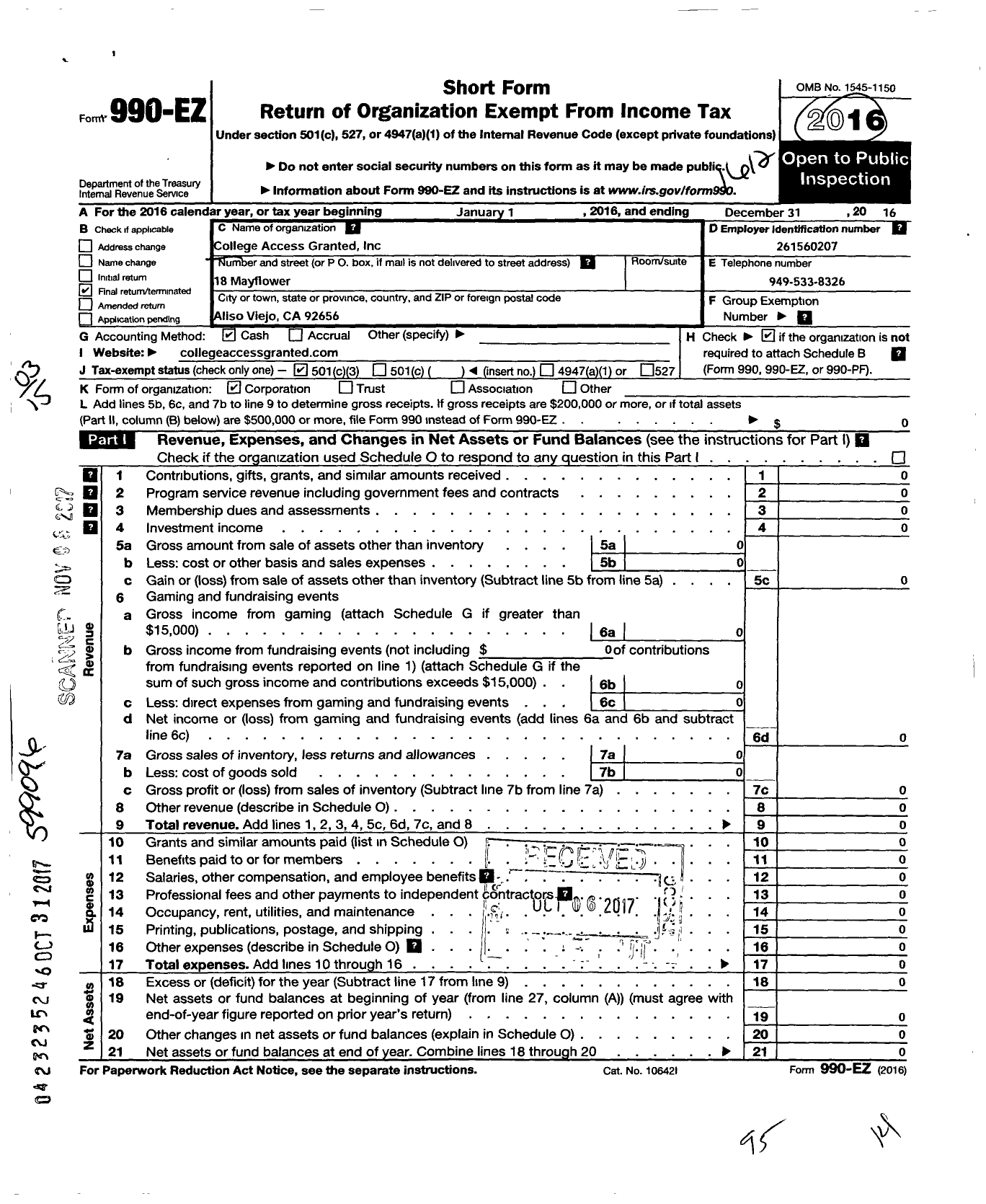 Image of first page of 2016 Form 990EZ for College Access Granted