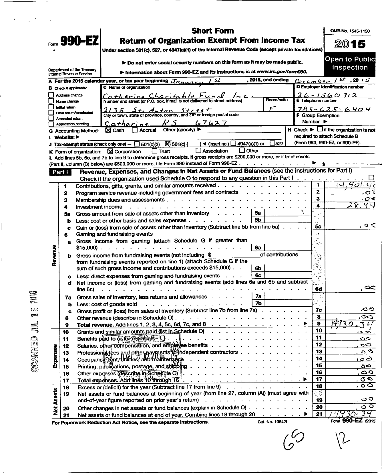 Image of first page of 2015 Form 990EO for Catherine Charitable Fund