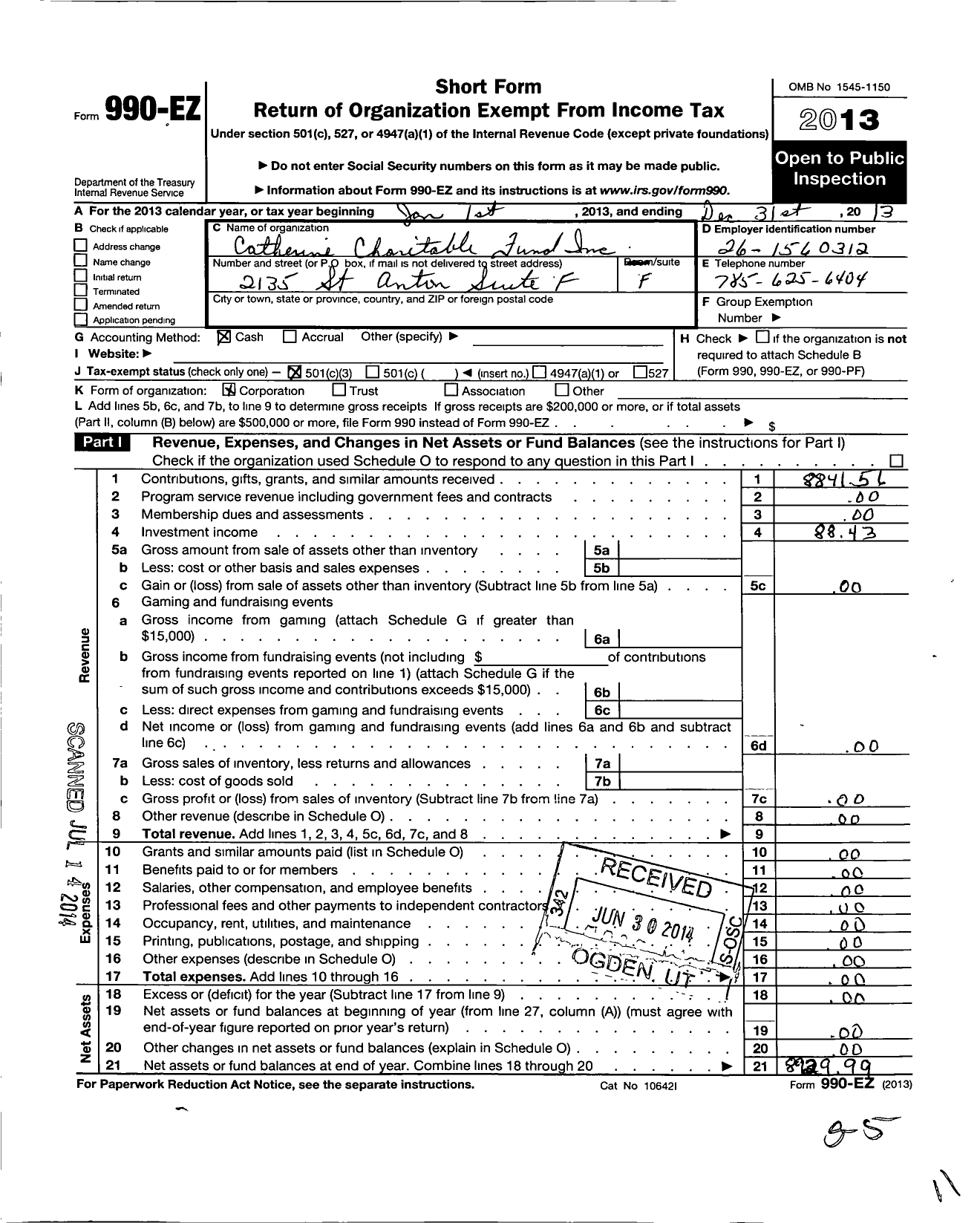 Image of first page of 2013 Form 990EZ for Catherine Charitable Fund