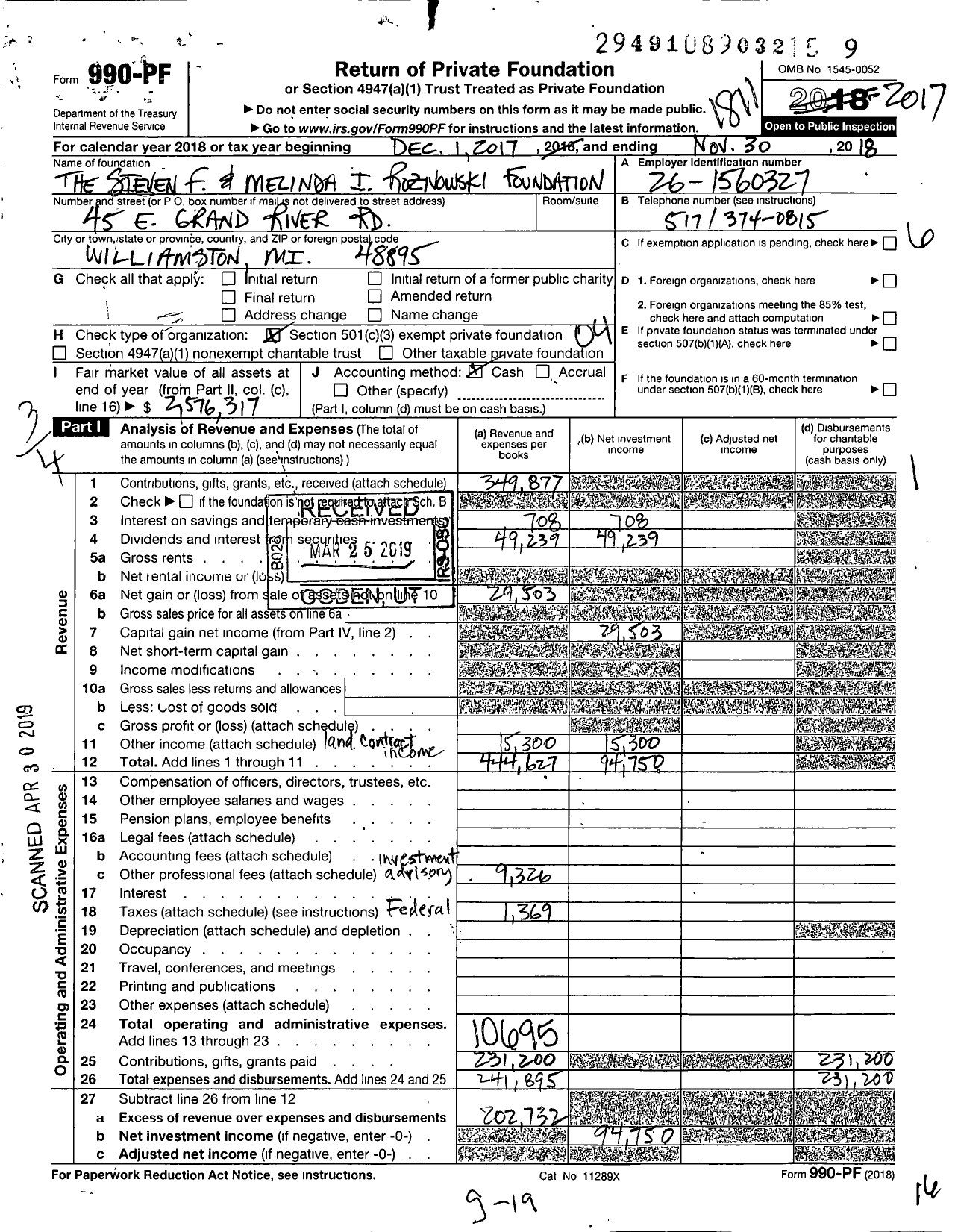 Image of first page of 2017 Form 990PF for The Steven F and Melinda I Roznowski Foundation