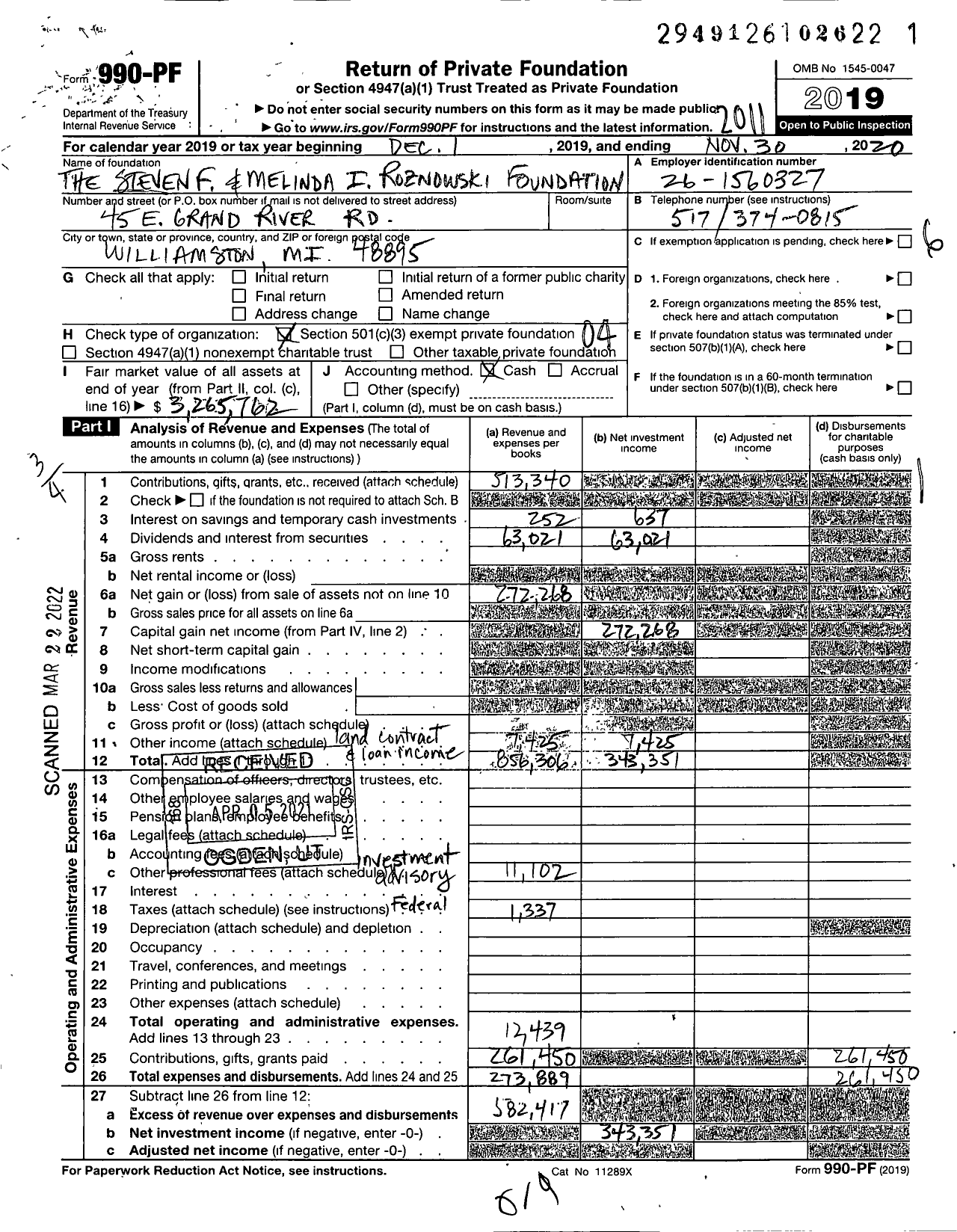 Image of first page of 2019 Form 990PF for The Steven F and Melinda I Roznowski Foundation