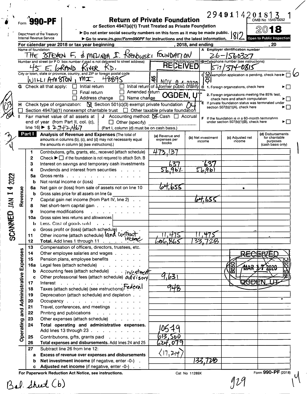 Image of first page of 2018 Form 990PF for The Steven F and Melinda I Roznowski Foundation