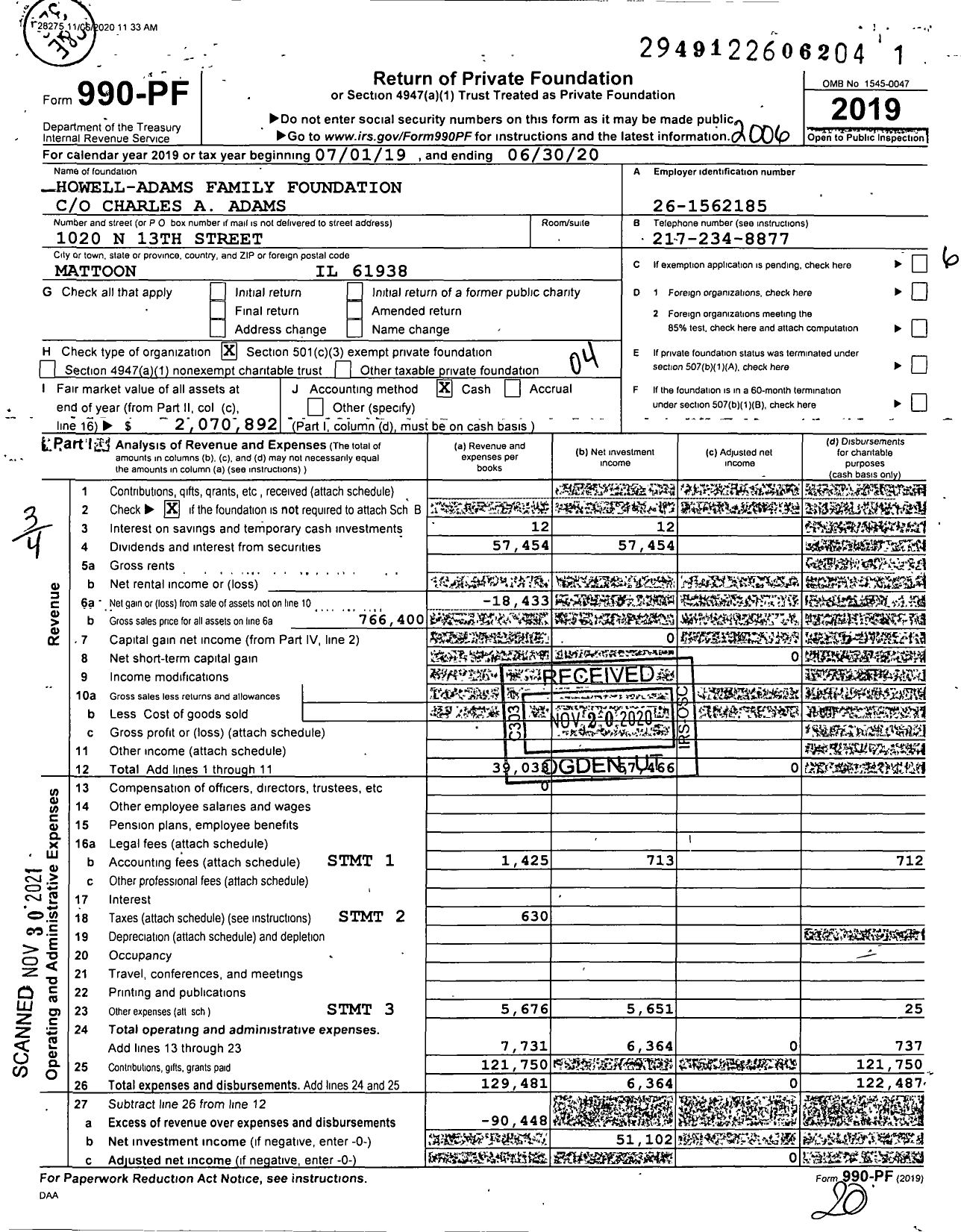 Image of first page of 2019 Form 990PF for Howell-Adams Family Foundation