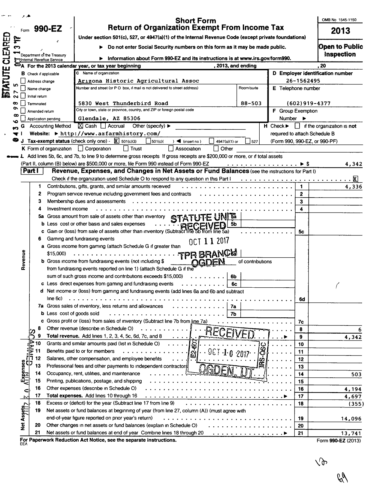 Image of first page of 2016 Form 990EZ for Arizona Historic Agricultural Association