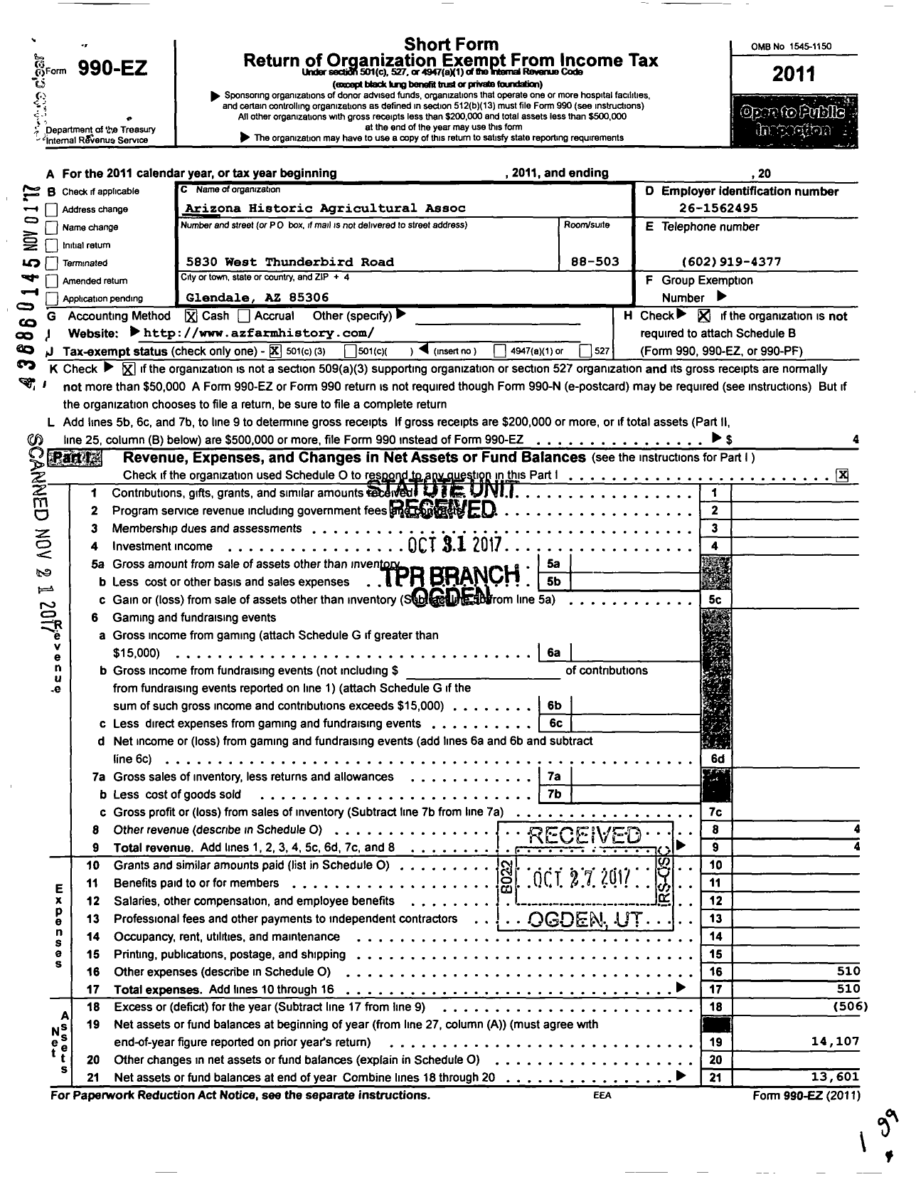 Image of first page of 2011 Form 990EZ for Arizona Historic Agricultural Association