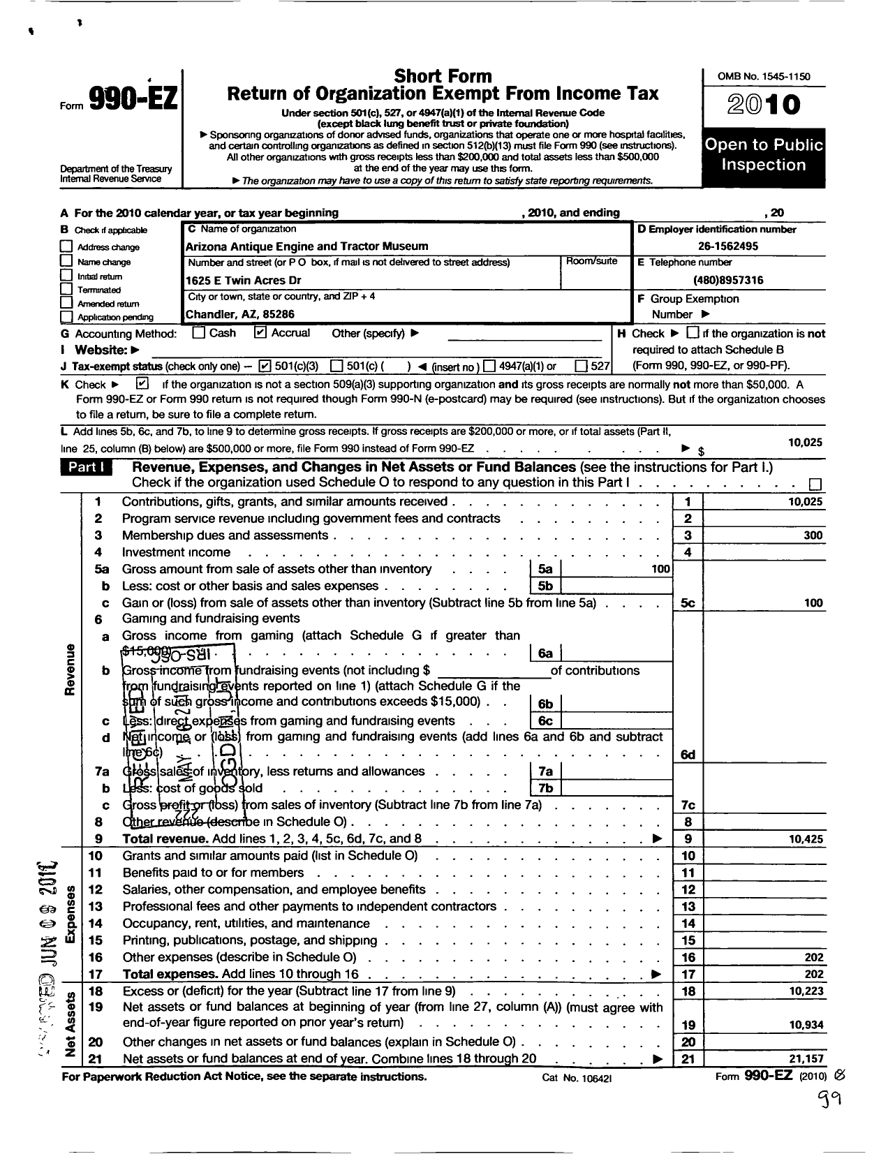 Image of first page of 2010 Form 990EZ for Arizona Historic Agricultural Association