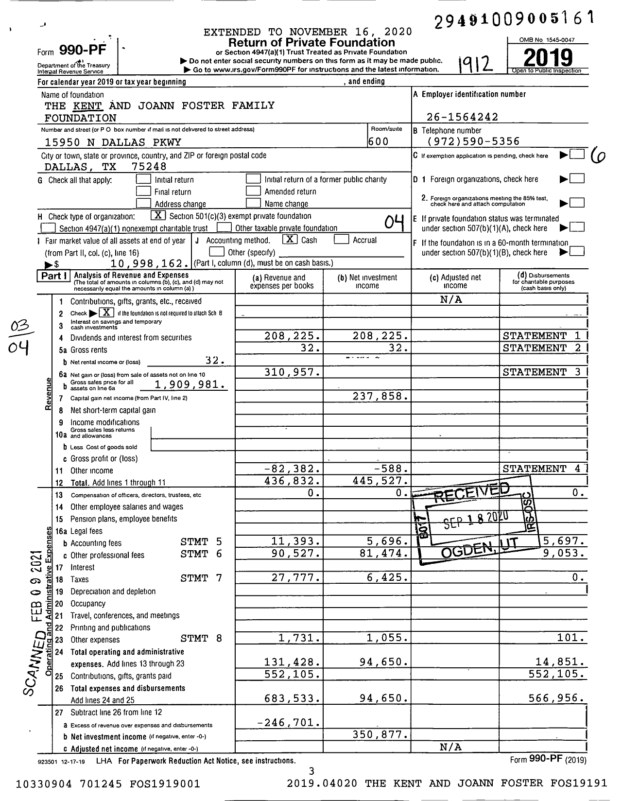 Image of first page of 2019 Form 990PF for The Kent and Joann Foster Family Foundation