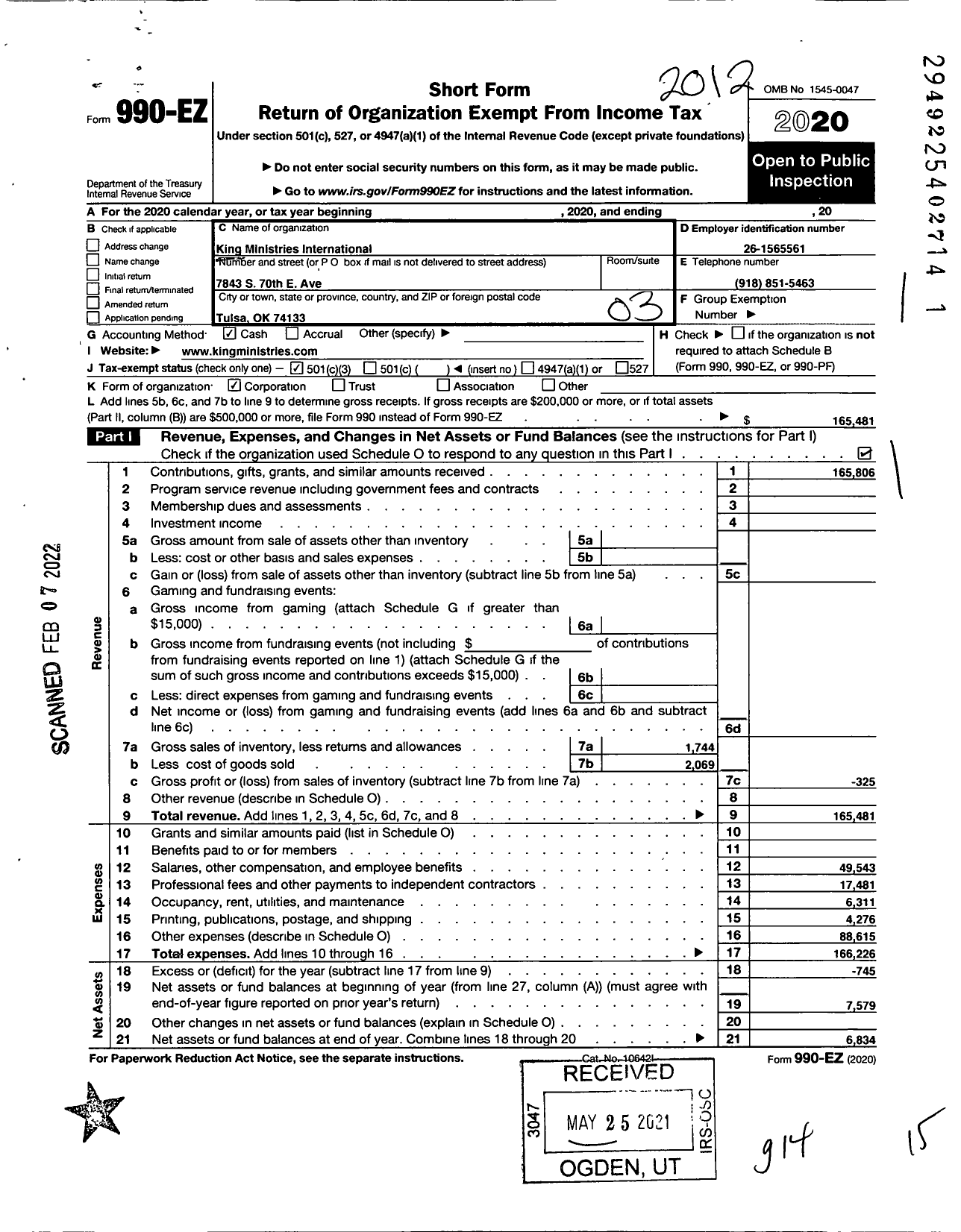 Image of first page of 2020 Form 990EZ for King Ministries International