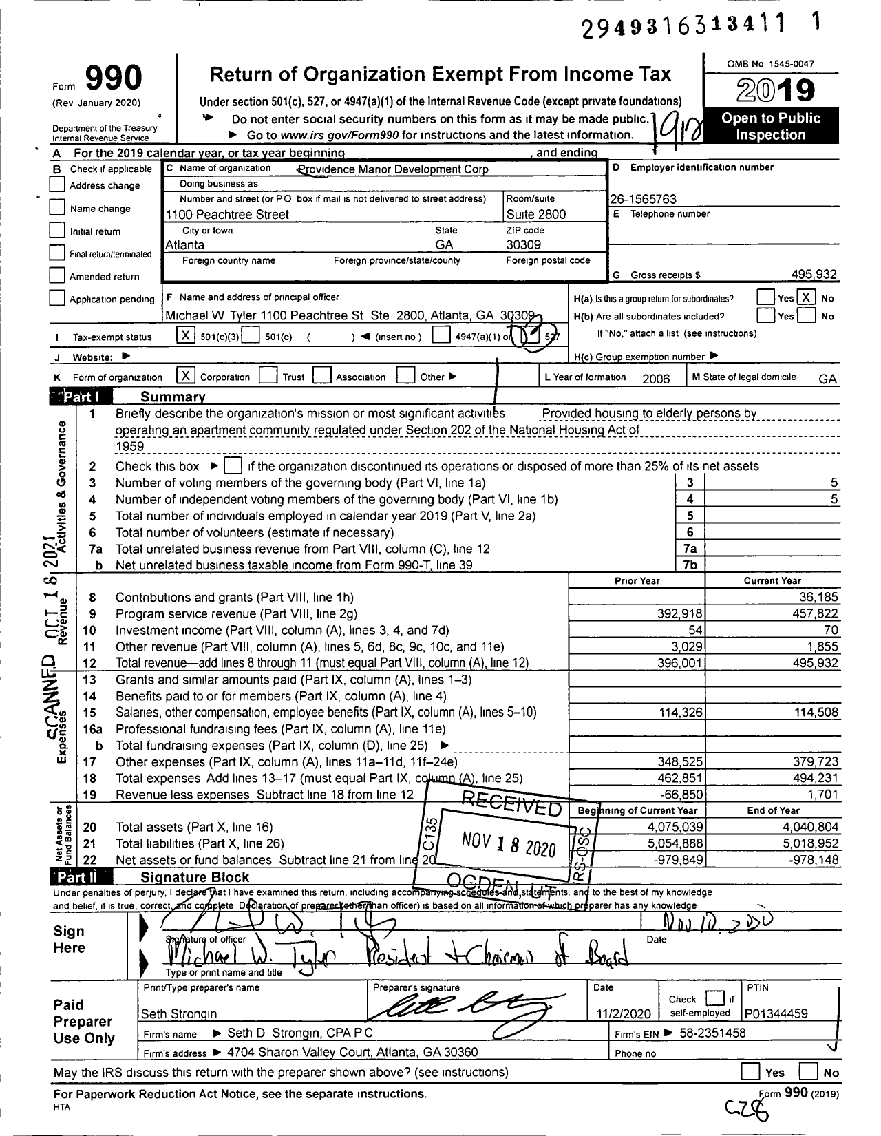 Image of first page of 2019 Form 990 for Providence Manor Development Corporation