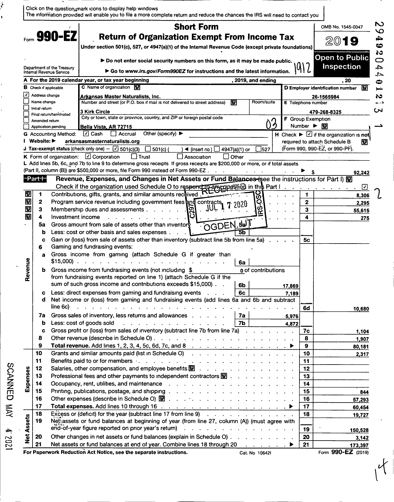 Image of first page of 2019 Form 990EZ for Arkansas Master Naturalists