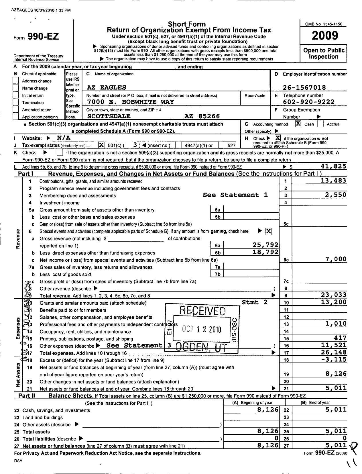Image of first page of 2009 Form 990EZ for Az Eagles