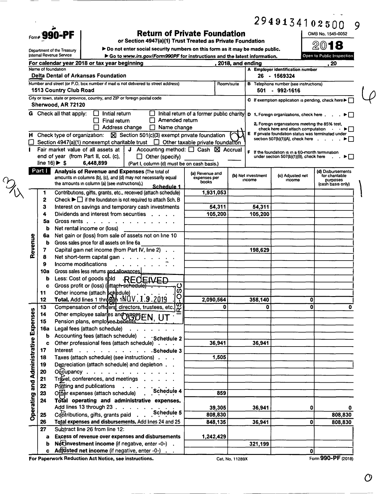 Image of first page of 2018 Form 990PF for Delta Dental of Arkansas Foundation
