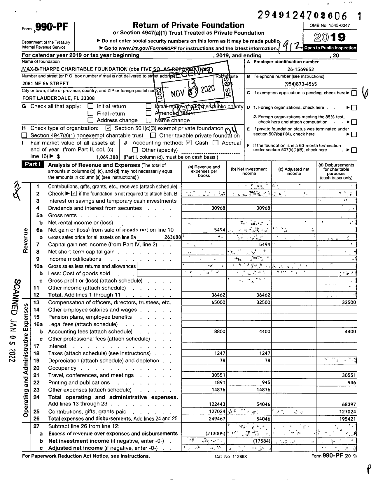 Image of first page of 2019 Form 990PF for Five Solas Reformation