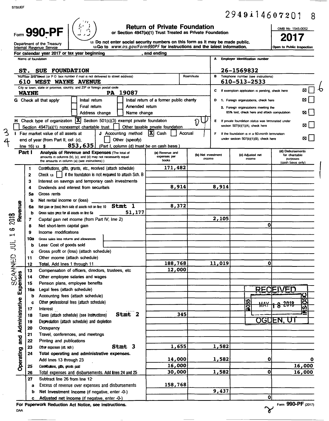 Image of first page of 2017 Form 990PF for St Sue Foundation