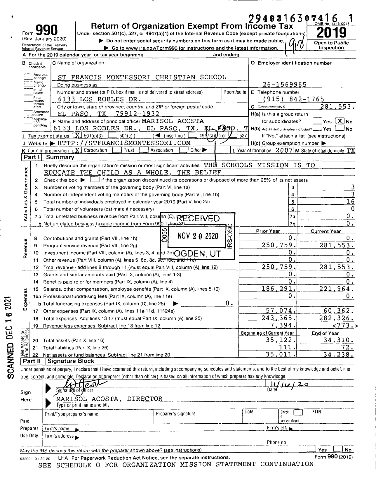 Image of first page of 2019 Form 990 for Saint Francis Montessori Christian School