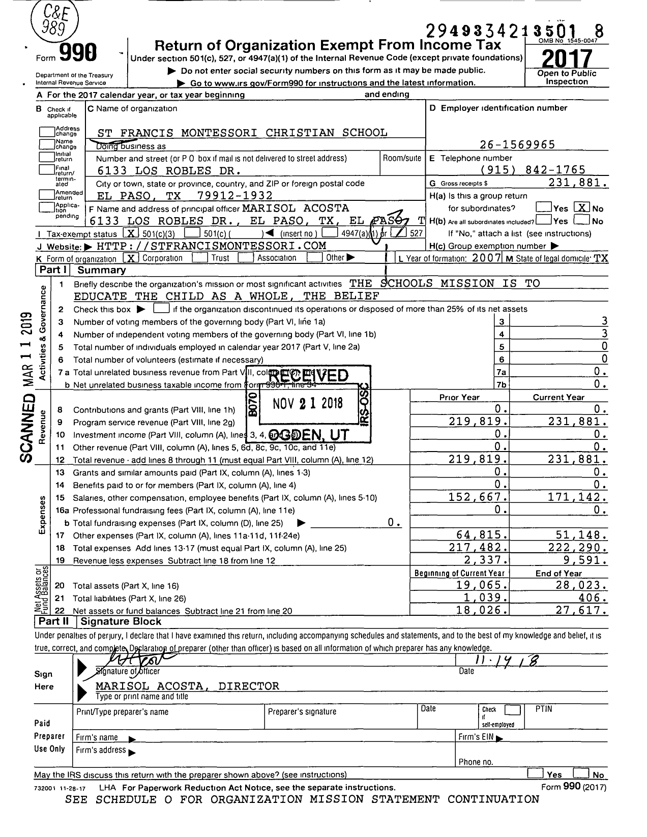 Image of first page of 2017 Form 990 for Saint Francis Montessori Christian School