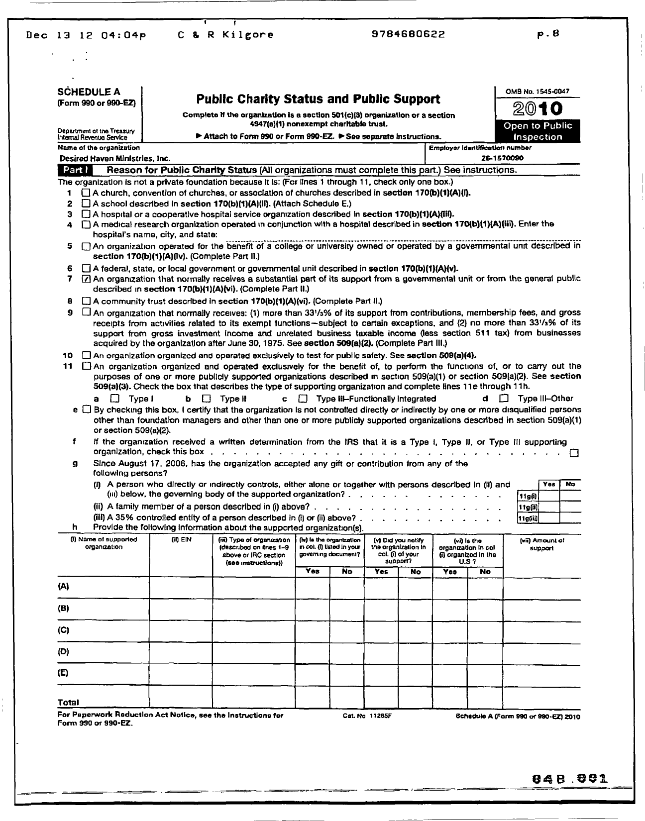 Image of first page of 2010 Form 990ER for Desired Haven Ministries