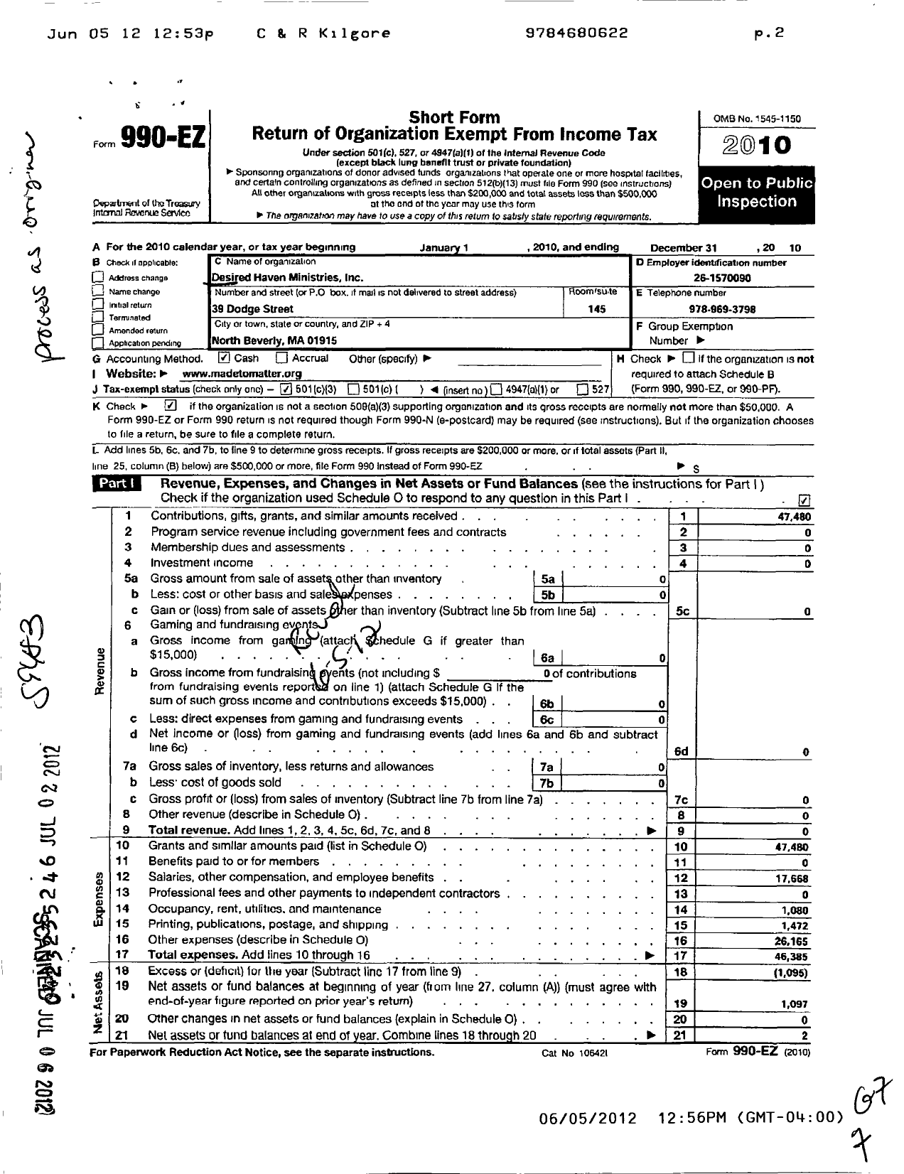 Image of first page of 2010 Form 990EZ for Desired Haven Ministries