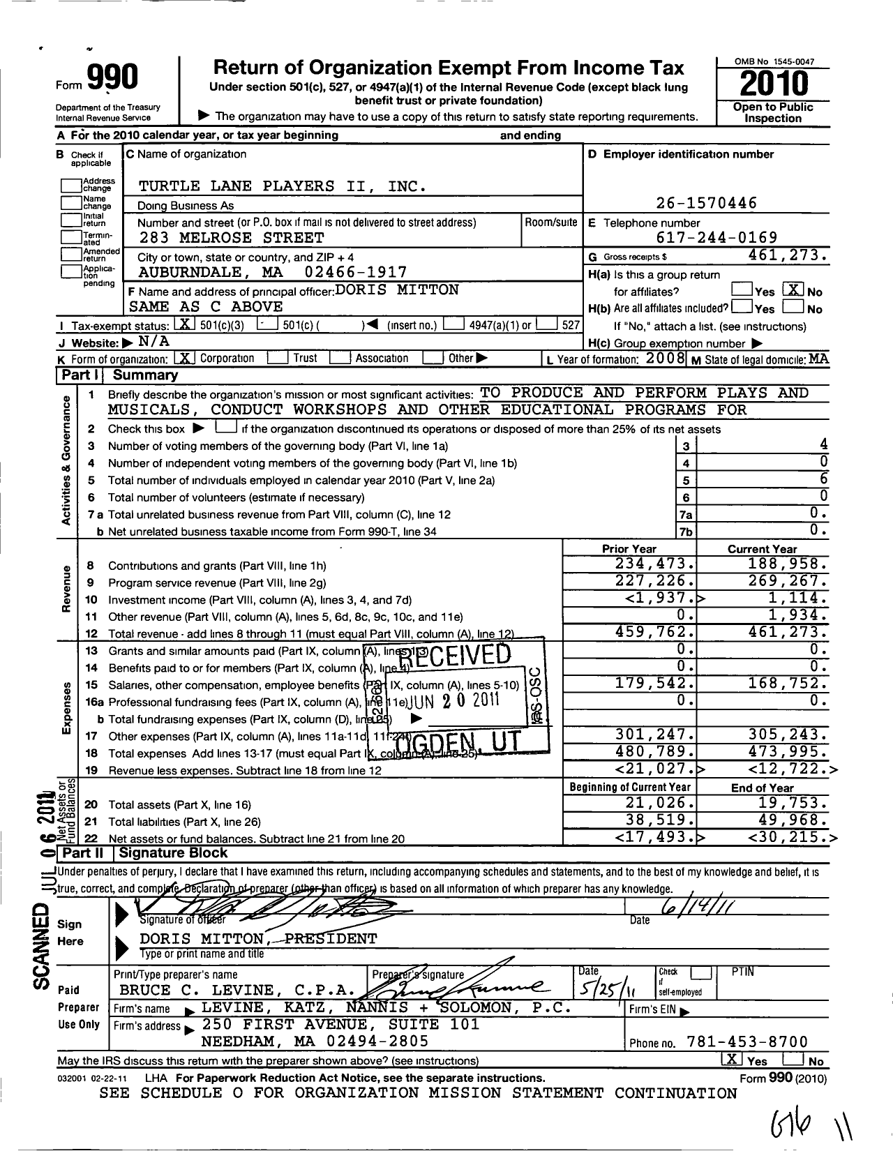 Image of first page of 2010 Form 990 for Turtle Lane Players Ii