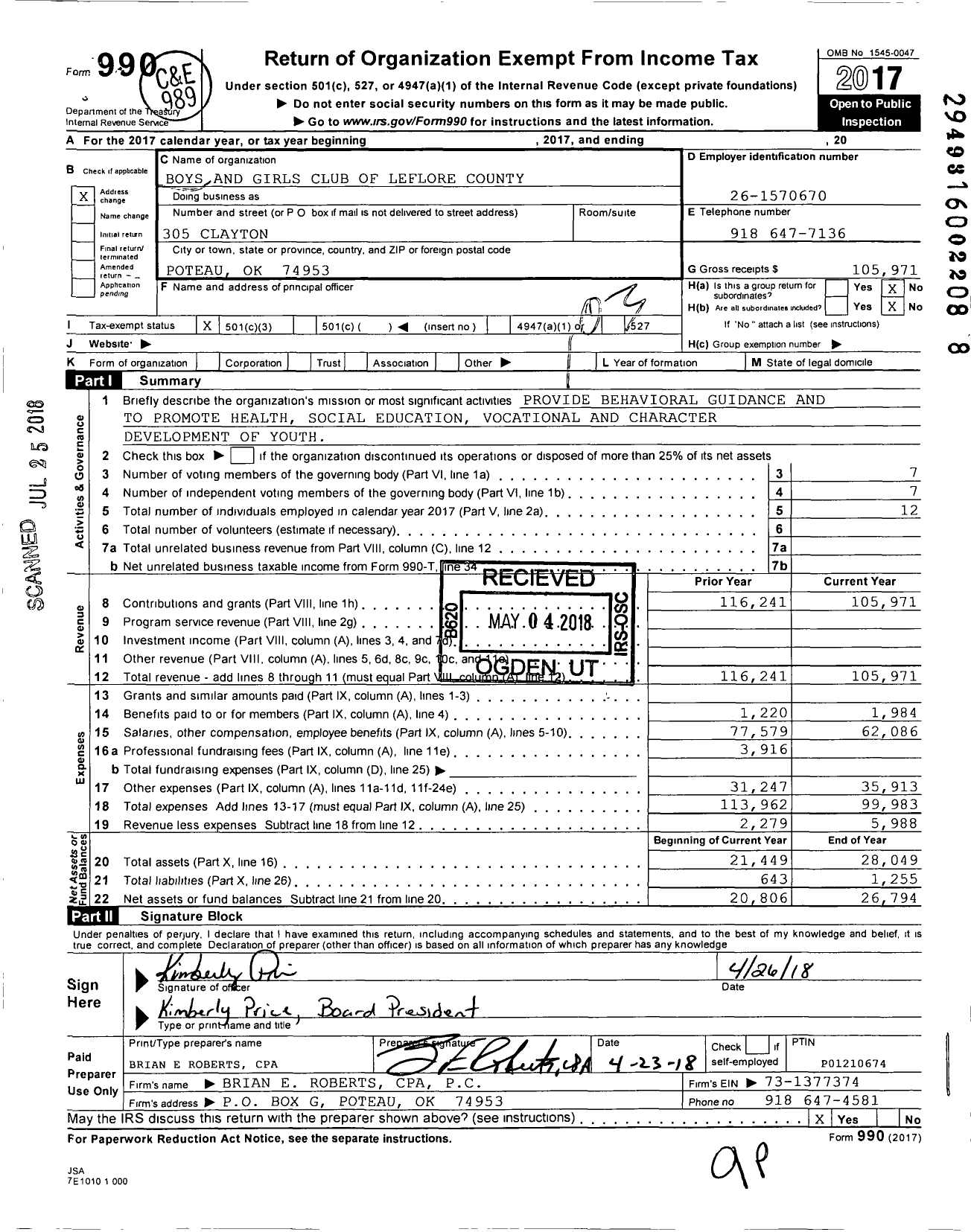 Image of first page of 2017 Form 990 for Boys and Girls Club of Leflore County