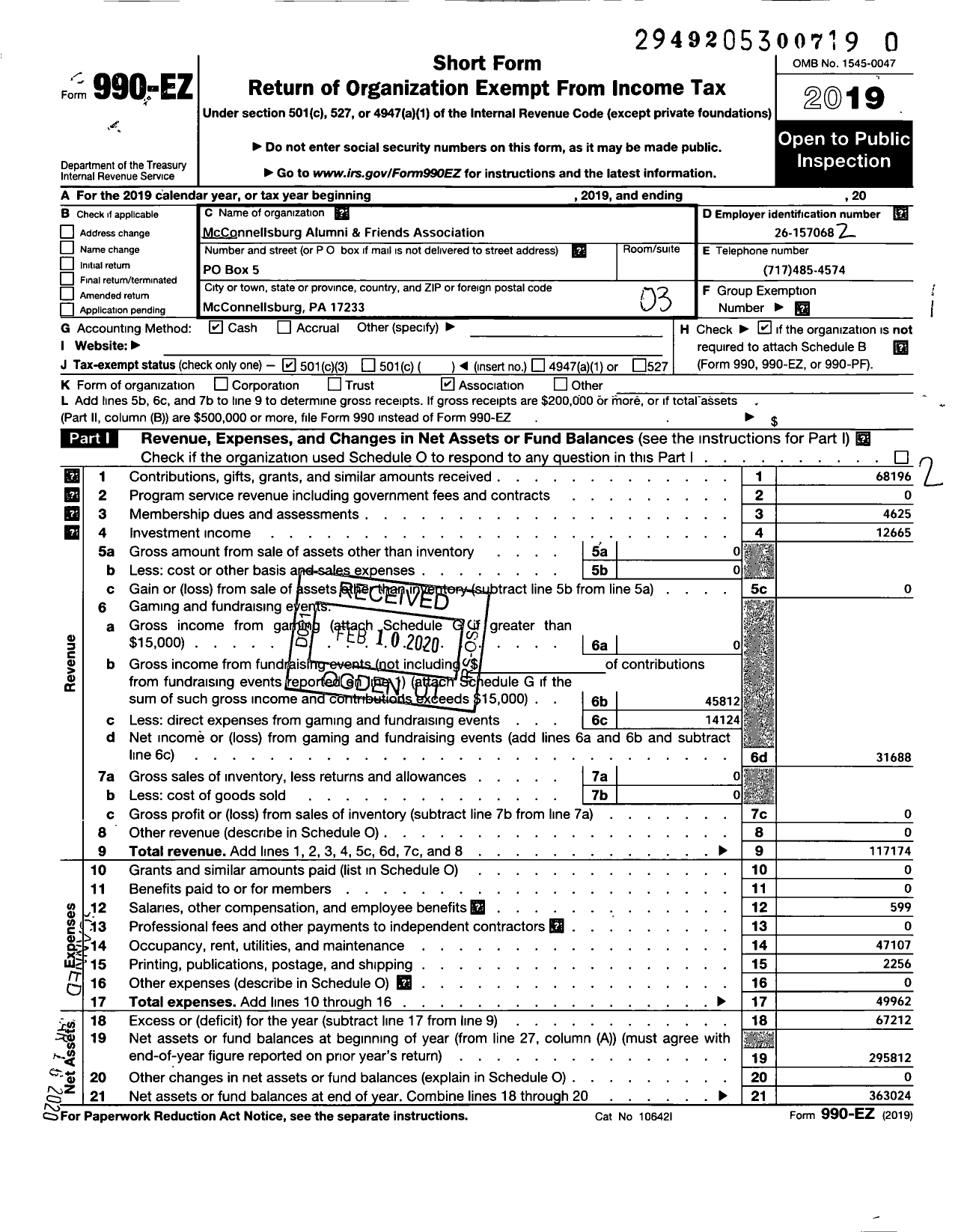 Image of first page of 2019 Form 990EZ for Mcconnellsburg Alumni and Friends Association