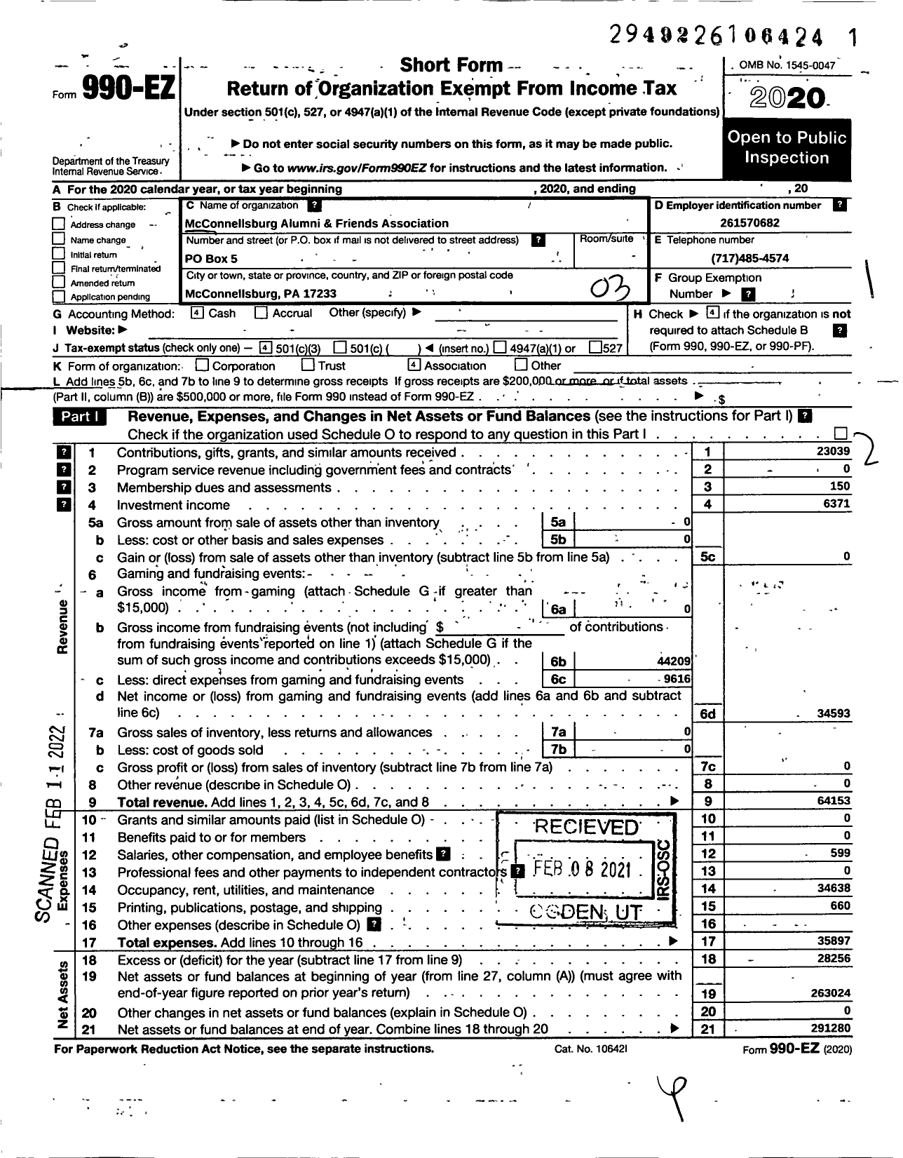 Image of first page of 2020 Form 990EZ for Mcconnellsburg Alumni and Friends Association