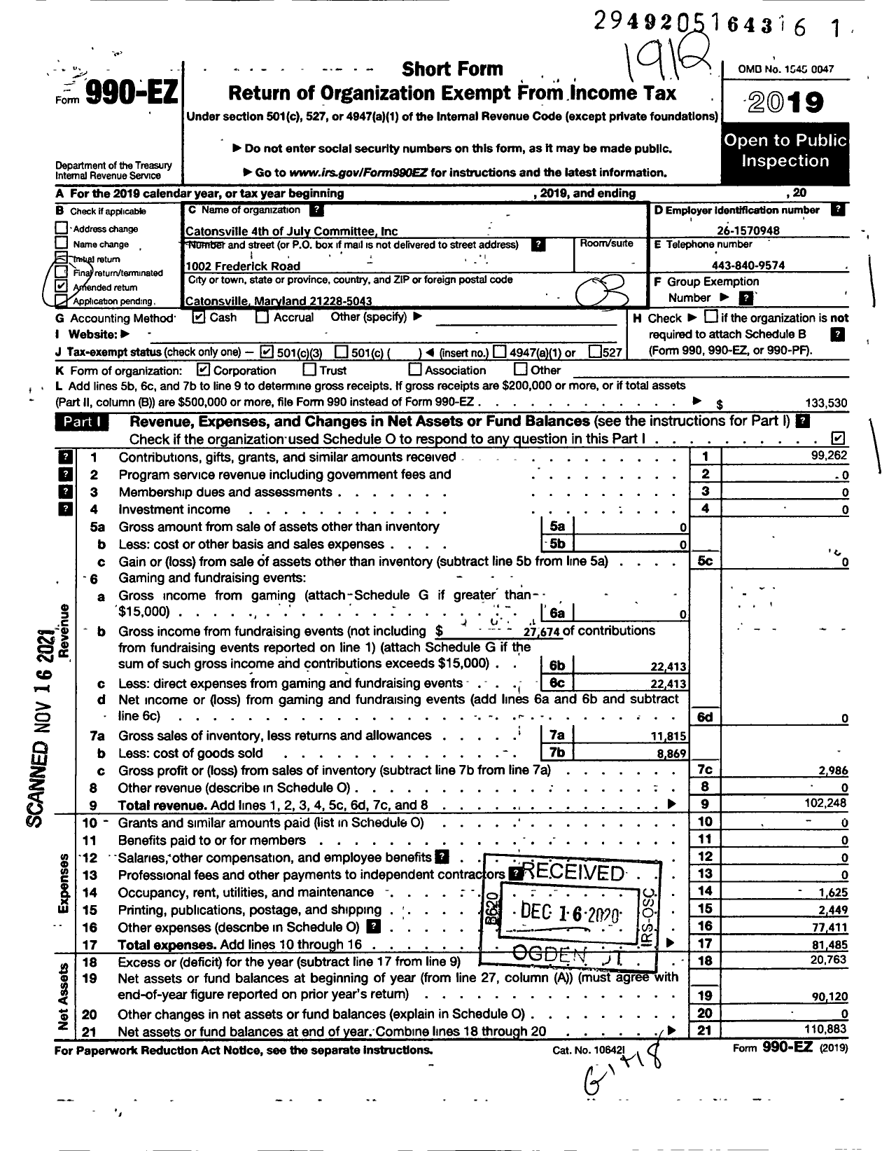 Image of first page of 2019 Form 990EZ for Catonsville 4th of July Committee