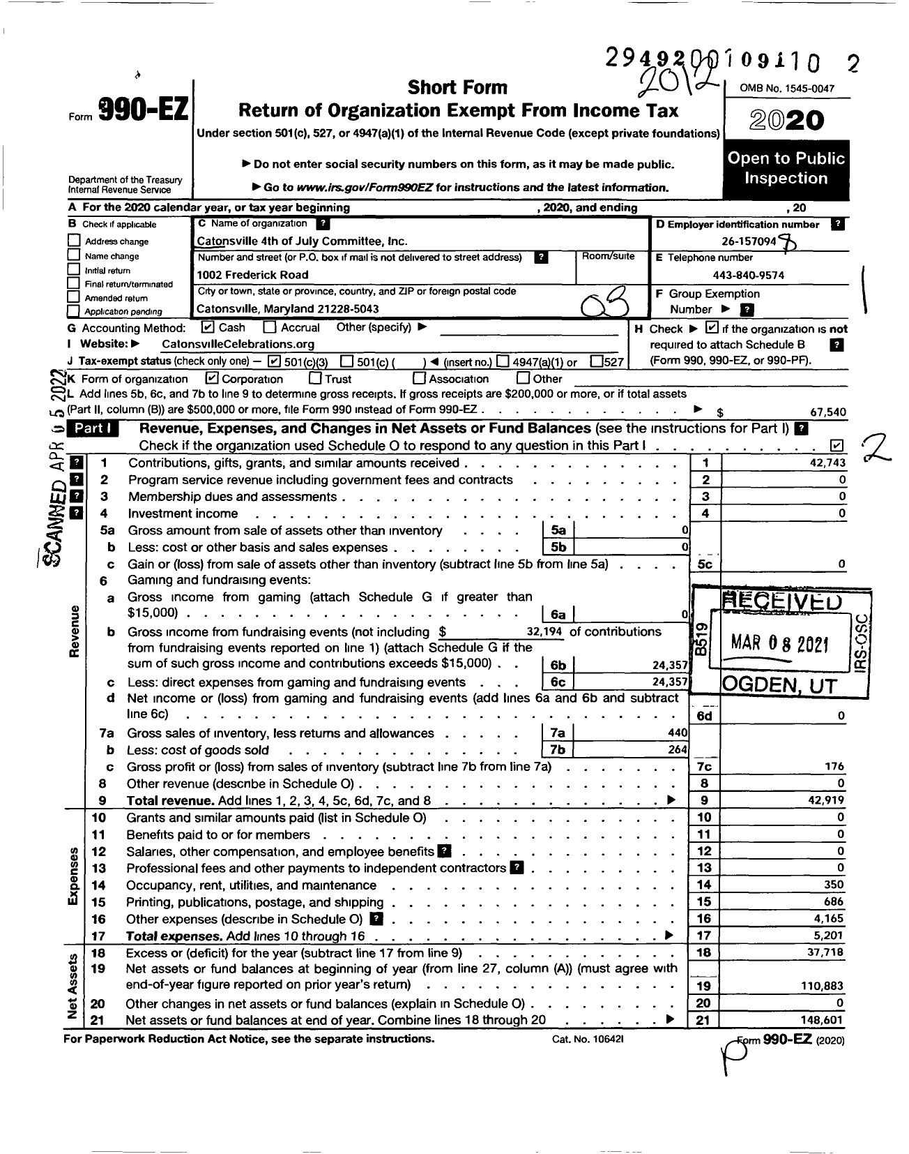 Image of first page of 2020 Form 990EZ for Catonsville 4th of July Committee