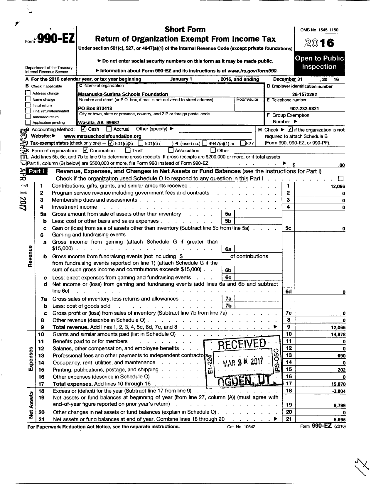 Image of first page of 2016 Form 990EZ for The Matanuska Susitna Schools Foundation