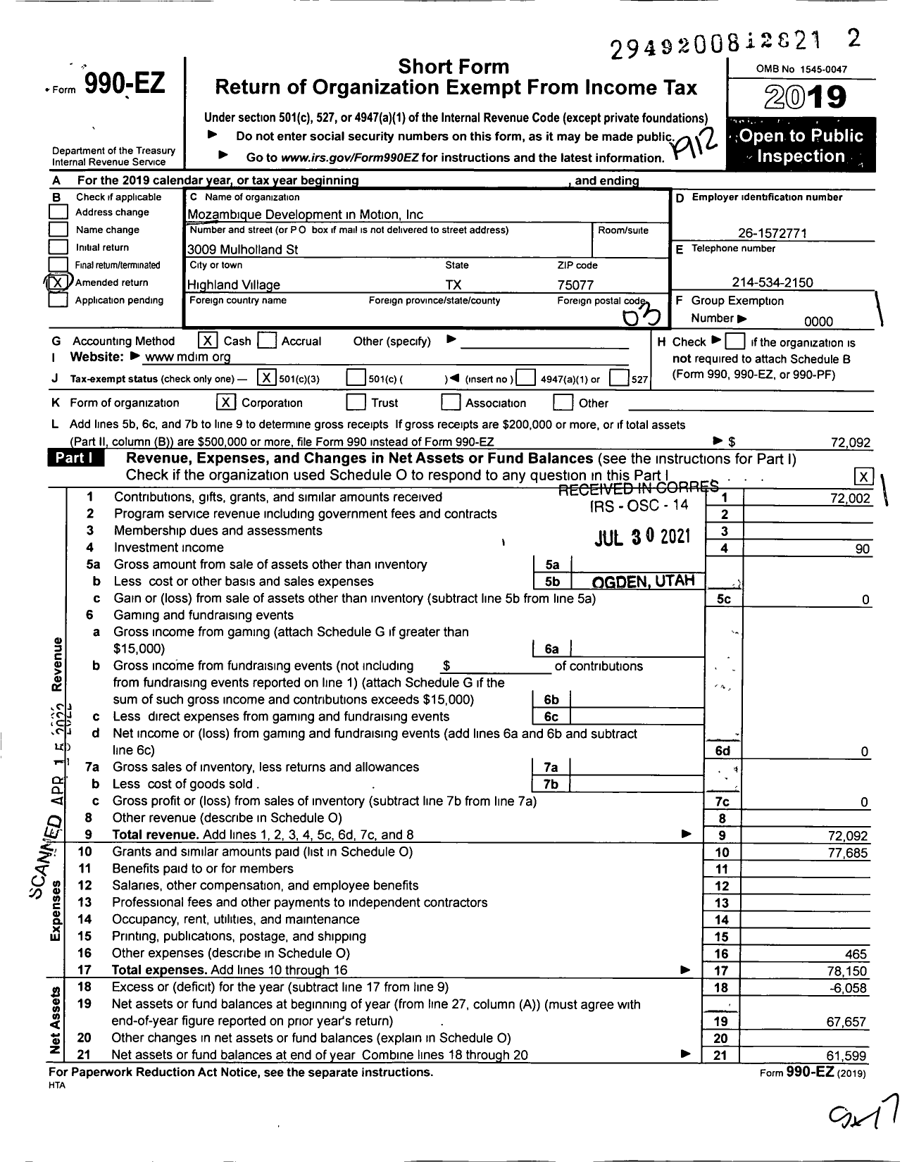 Image of first page of 2019 Form 990EZ for Mozambique Development in Motion