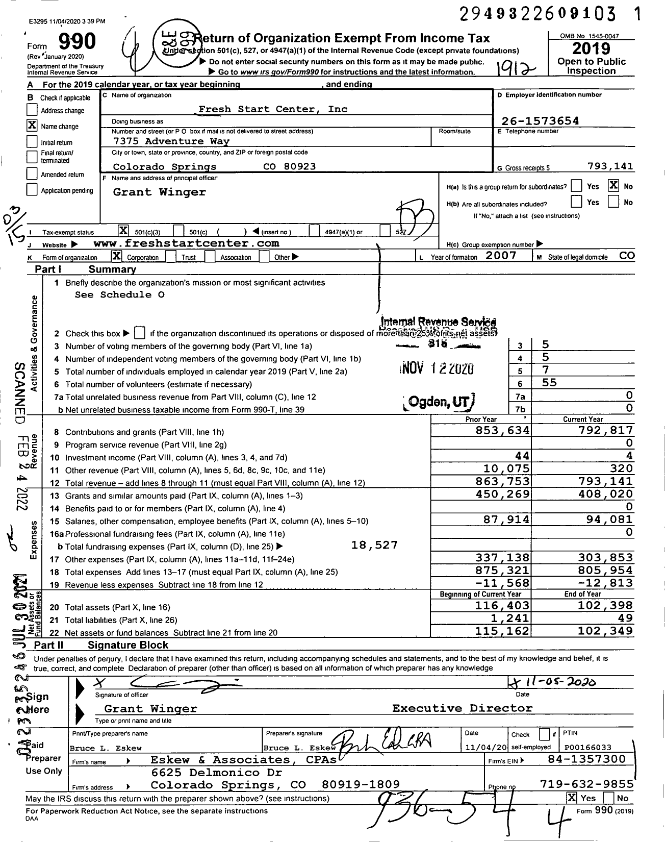 Image of first page of 2019 Form 990 for Fresh Start Center