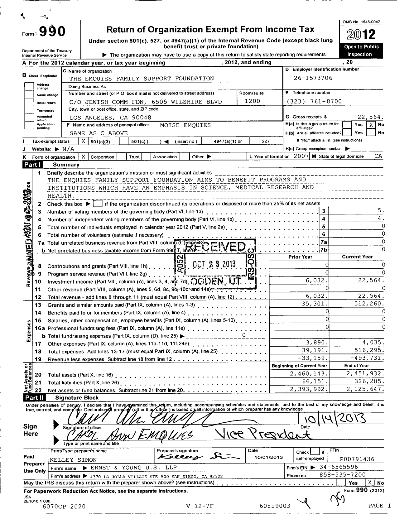 Image of first page of 2012 Form 990 for The Emquies Family Support Foundation