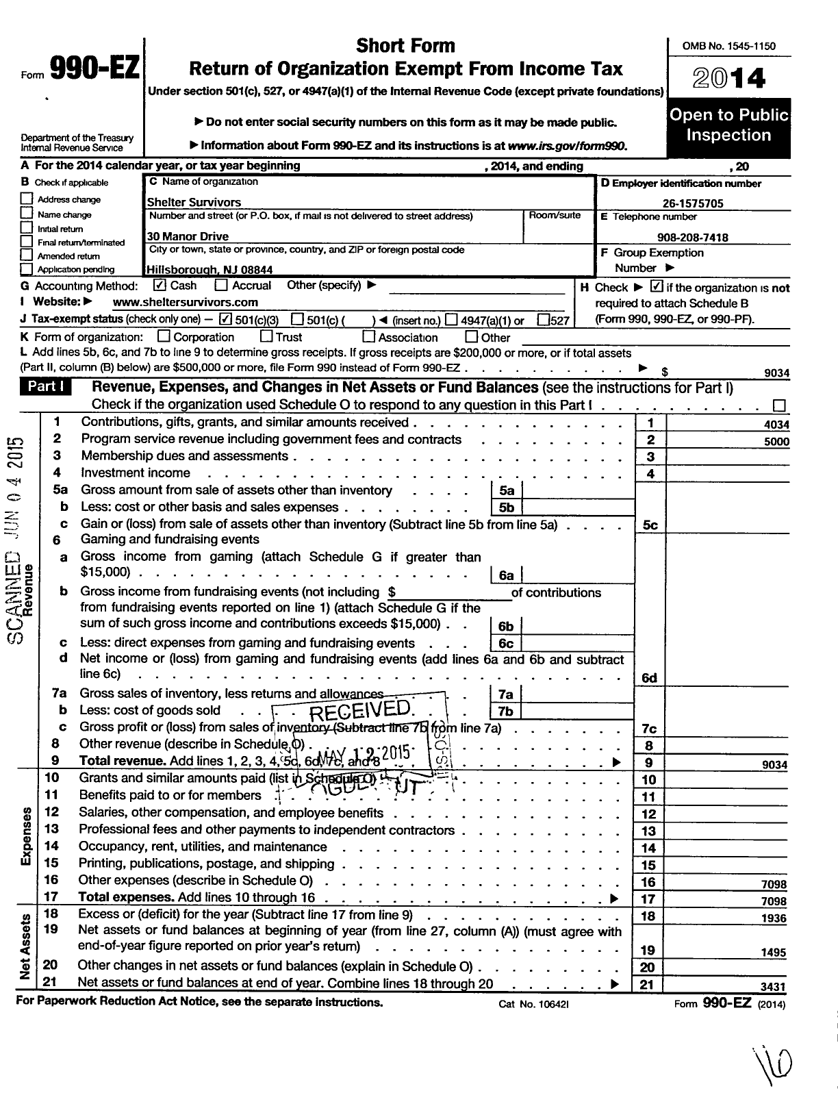 Image of first page of 2014 Form 990EZ for Shelter Survivors