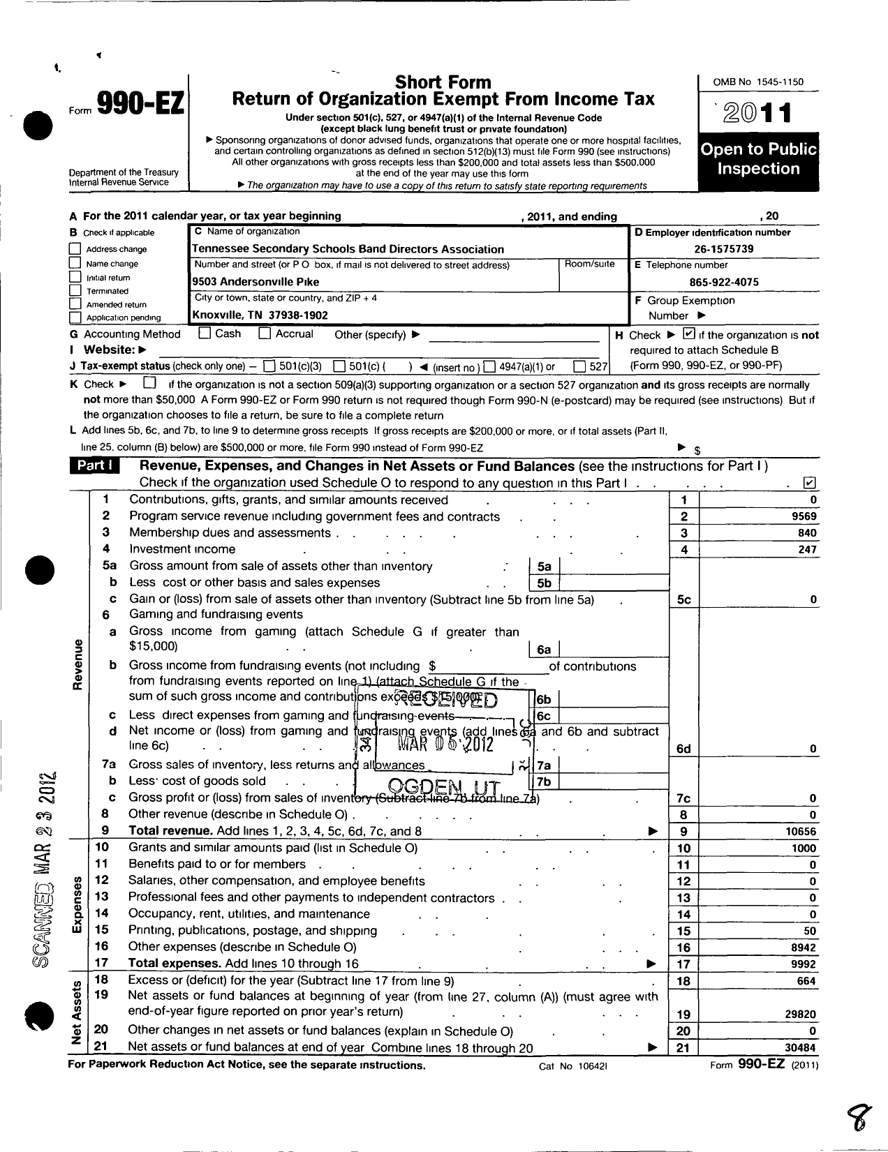 Image of first page of 2011 Form 990EO for Tennessee Secondary Schools Band Directors Association