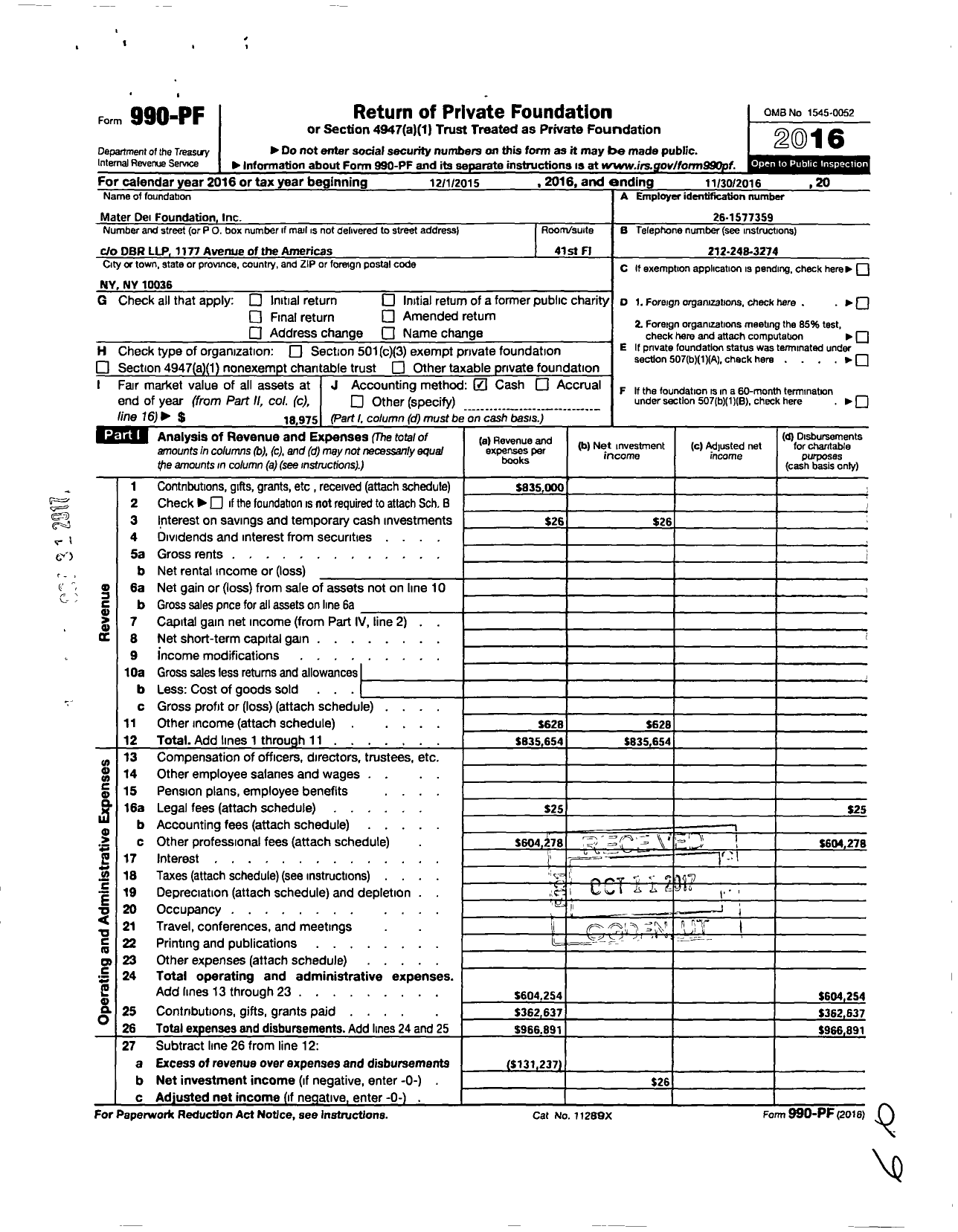 Image of first page of 2015 Form 990PF for Mater Dei Foundation