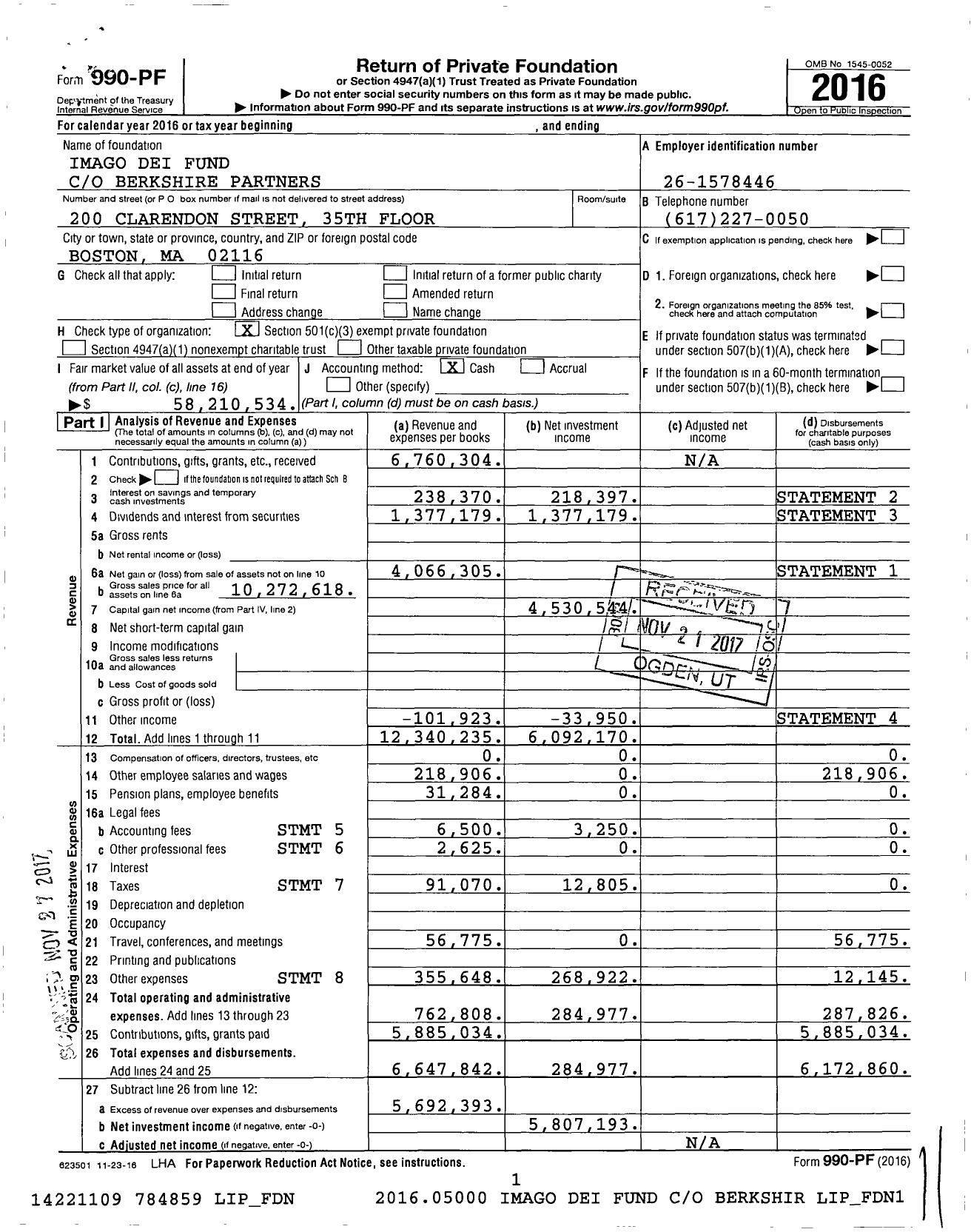 Image of first page of 2016 Form 990PF for Imago Dei Fund (IDF)