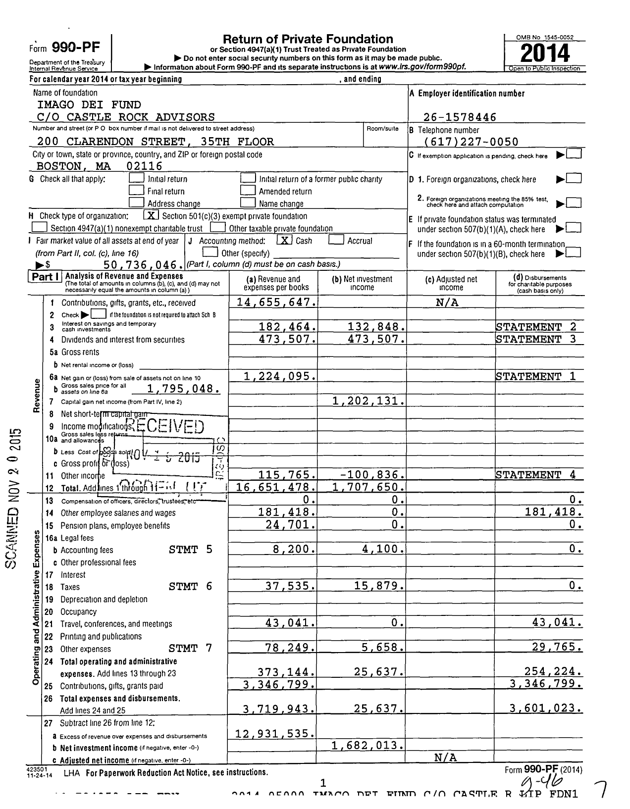 Image of first page of 2014 Form 990PF for Imago Dei Fund (IDF)