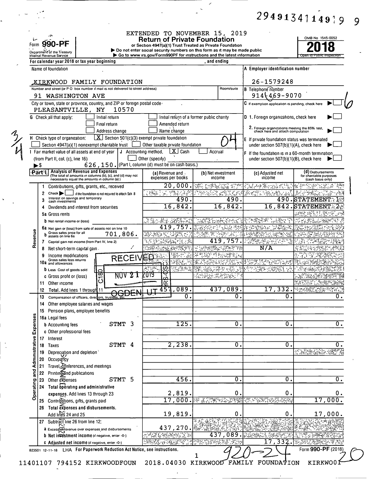 Image of first page of 2018 Form 990PF for Kirkwood Family Foundation