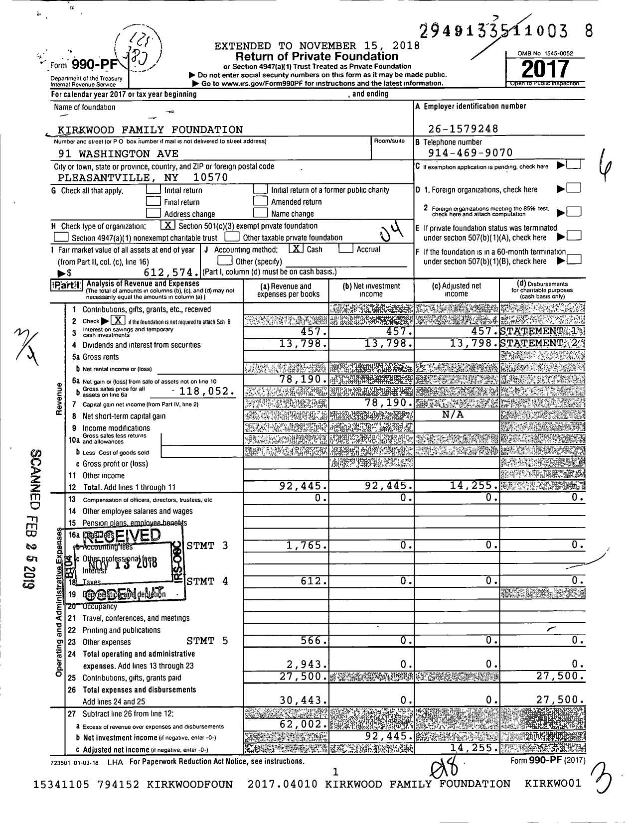 Image of first page of 2017 Form 990PF for Kirkwood Family Foundation