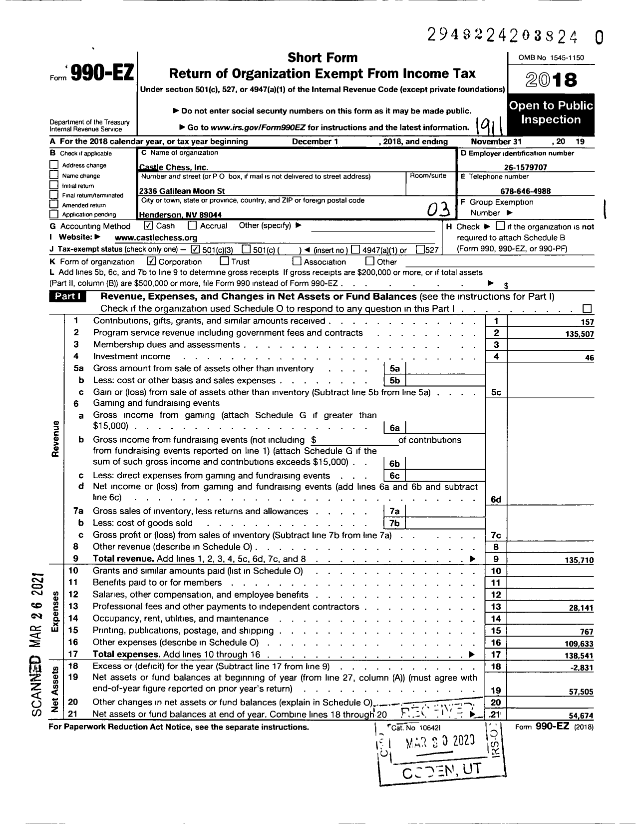 Image of first page of 2018 Form 990EZ for Castle Chess