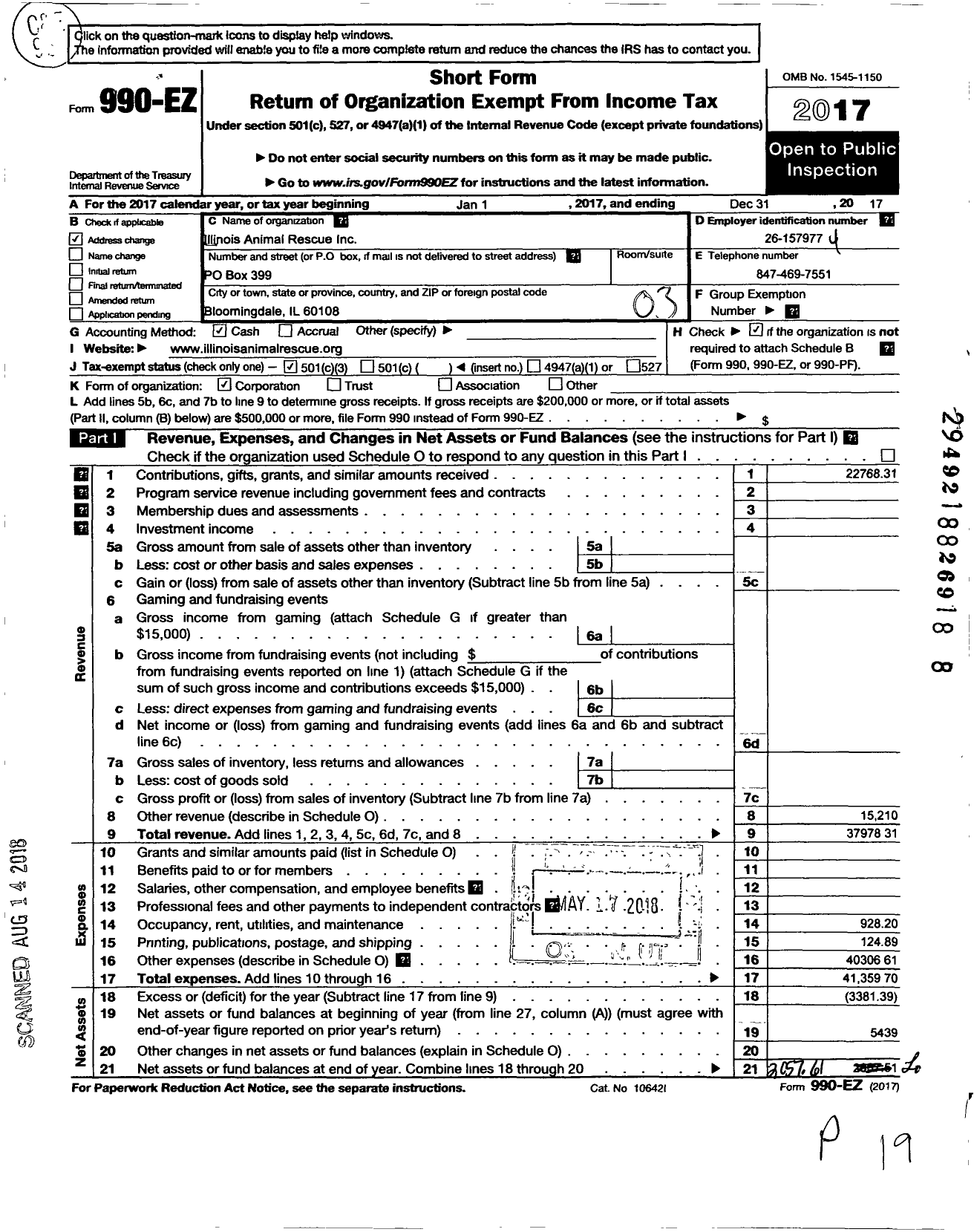 Image of first page of 2017 Form 990EZ for Illinois Animal Rescue