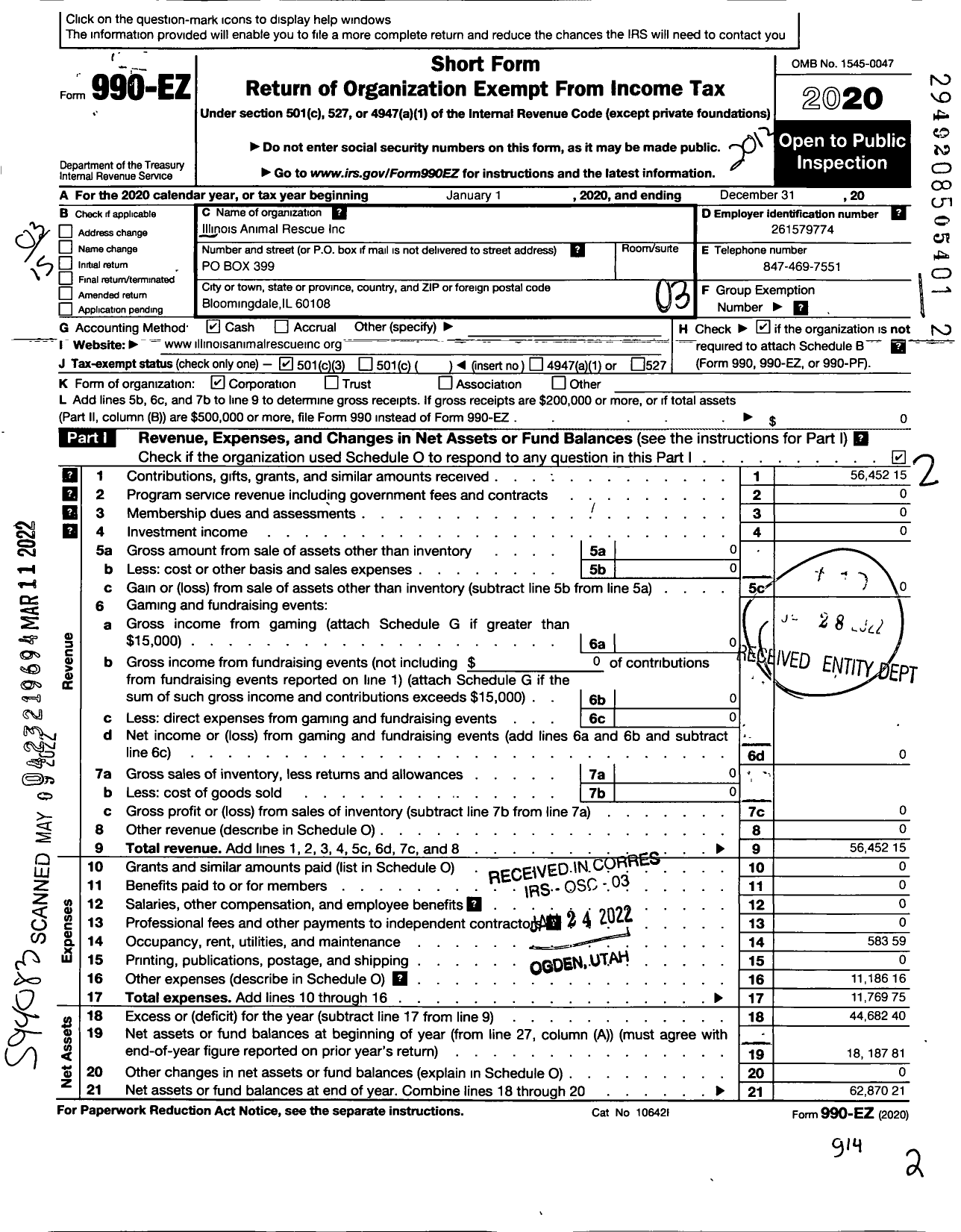 Image of first page of 2020 Form 990EZ for Illinois Animal Rescue