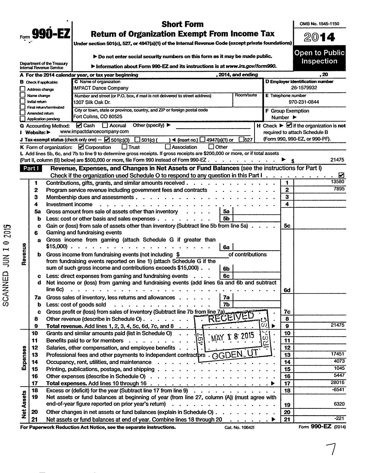 Image of first page of 2014 Form 990EZ for Impact Dance Company