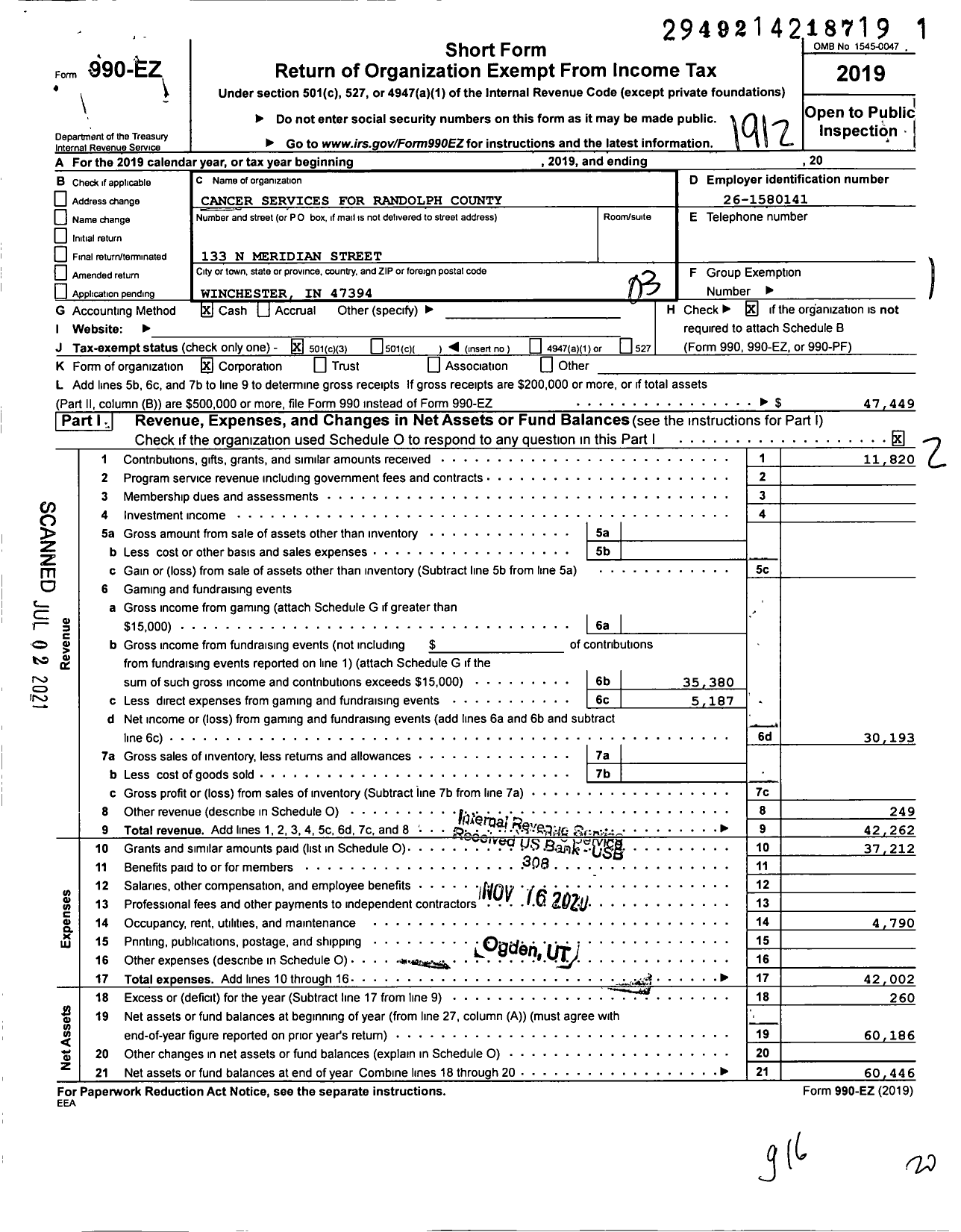 Image of first page of 2019 Form 990EZ for Cancer Services for Randolph County