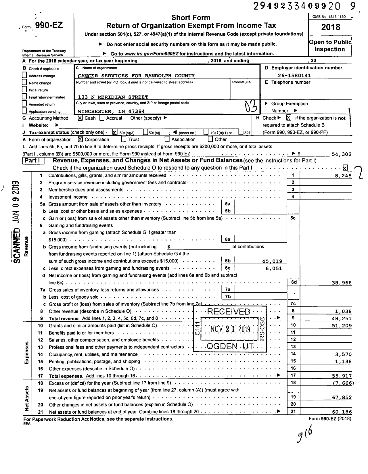 Image of first page of 2018 Form 990EZ for Cancer Services for Randolph County