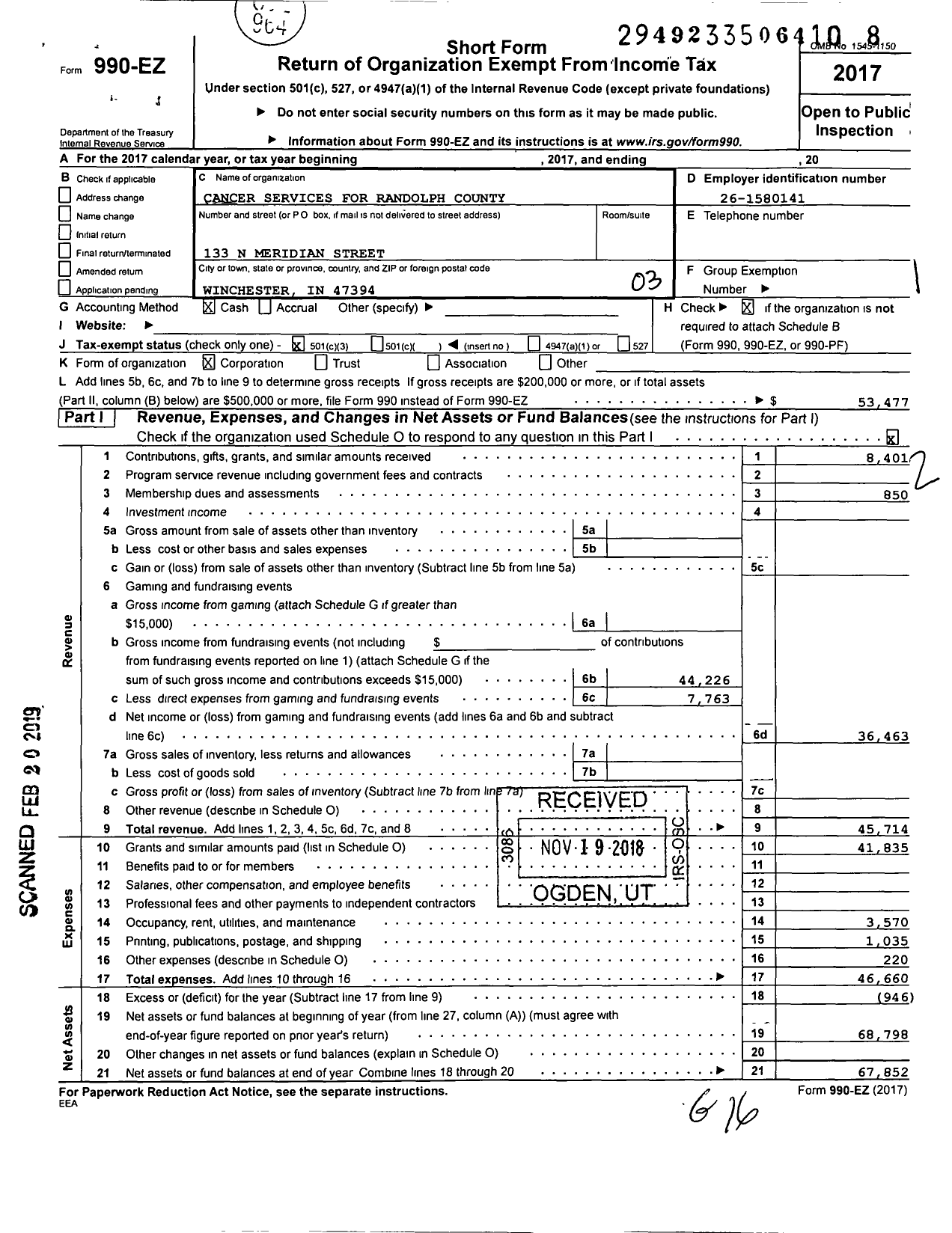 Image of first page of 2017 Form 990EZ for Cancer Services for Randolph County