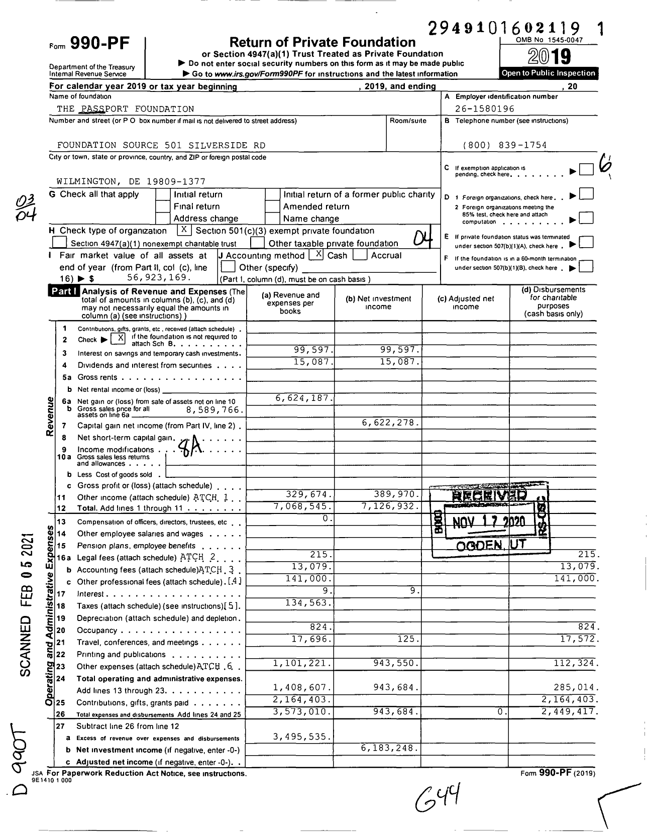 Image of first page of 2019 Form 990PF for The Passport Foundation