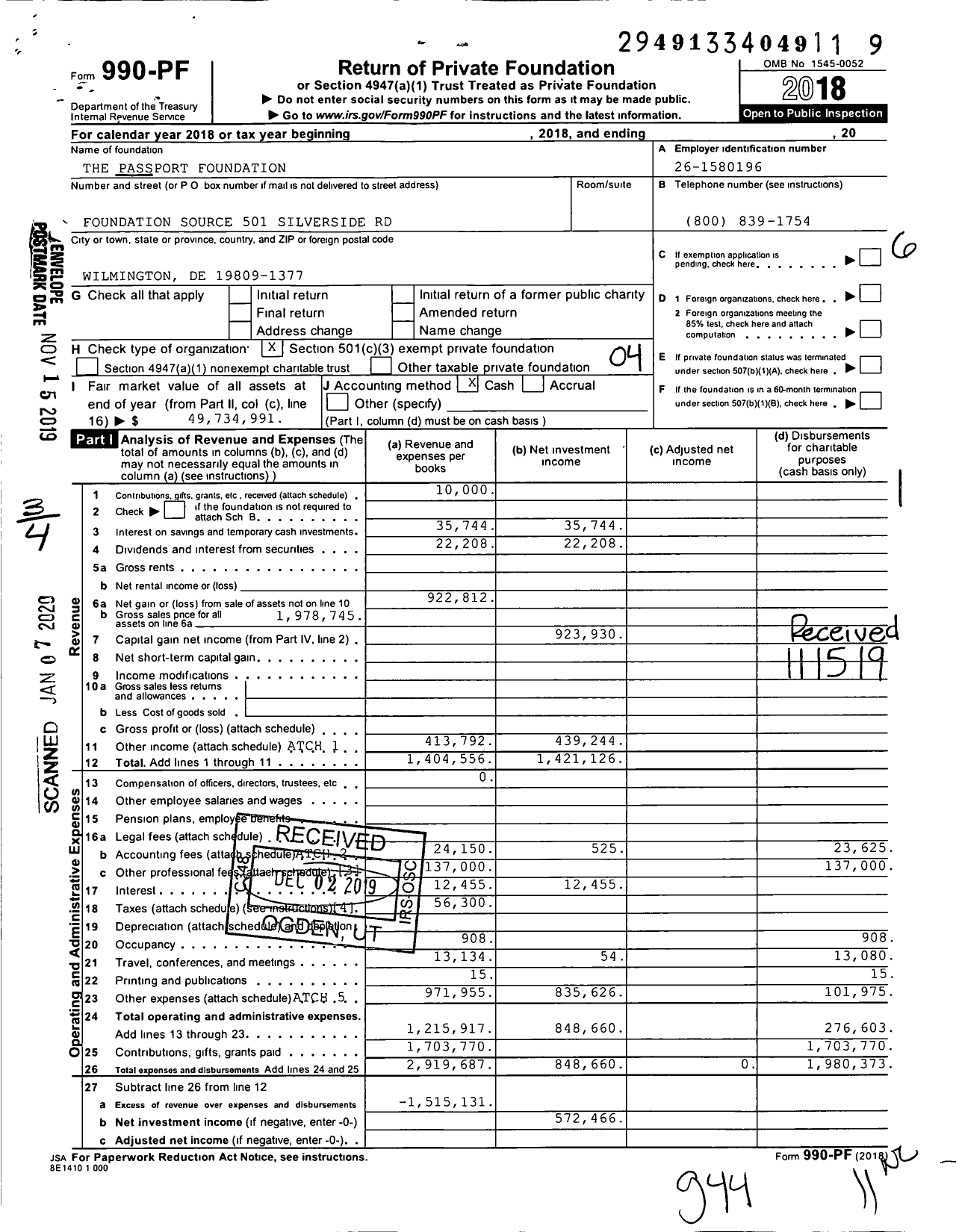 Image of first page of 2018 Form 990PF for The Passport Foundation