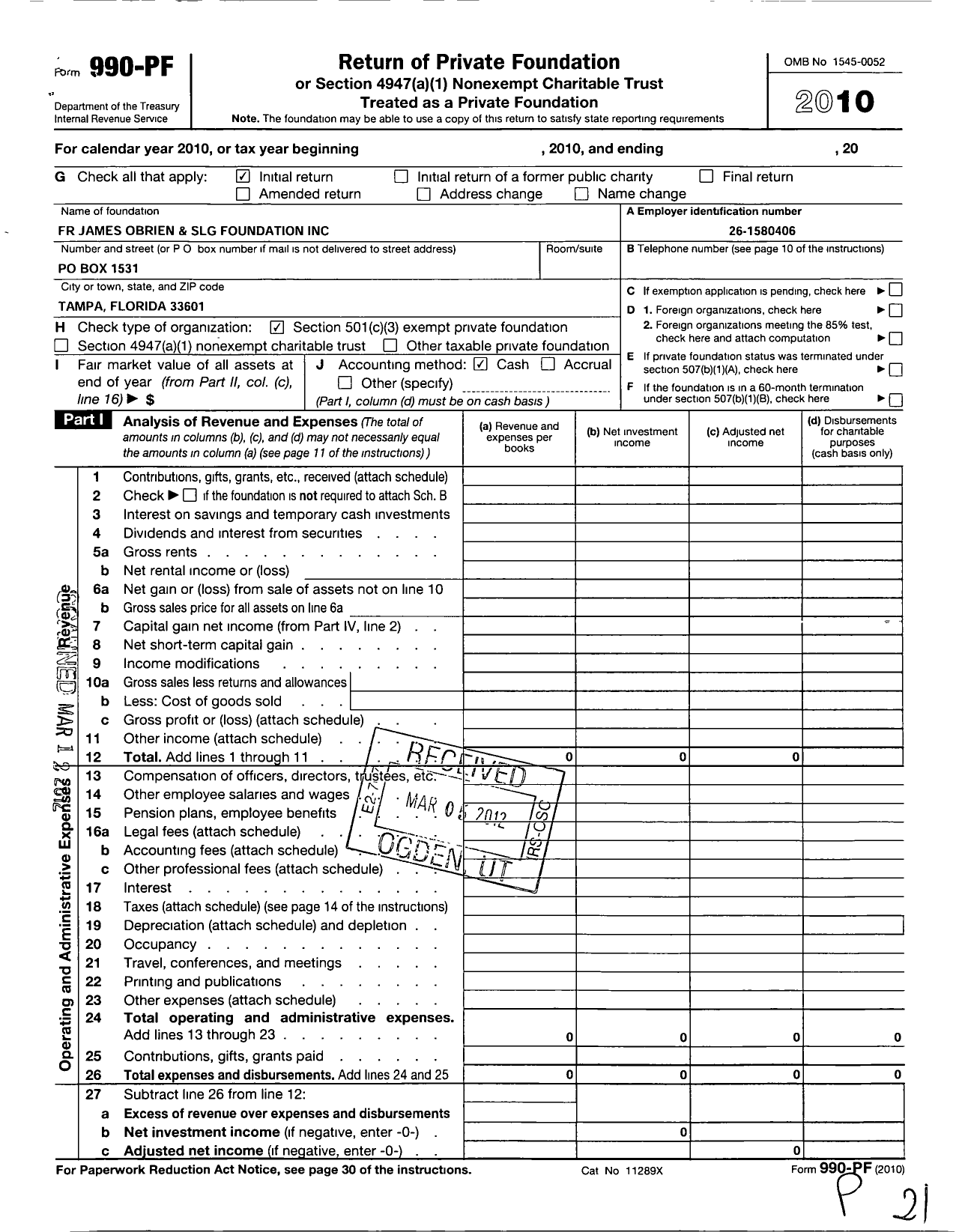 Image of first page of 2010 Form 990PF for FR James O'Brien and SLG Foundation